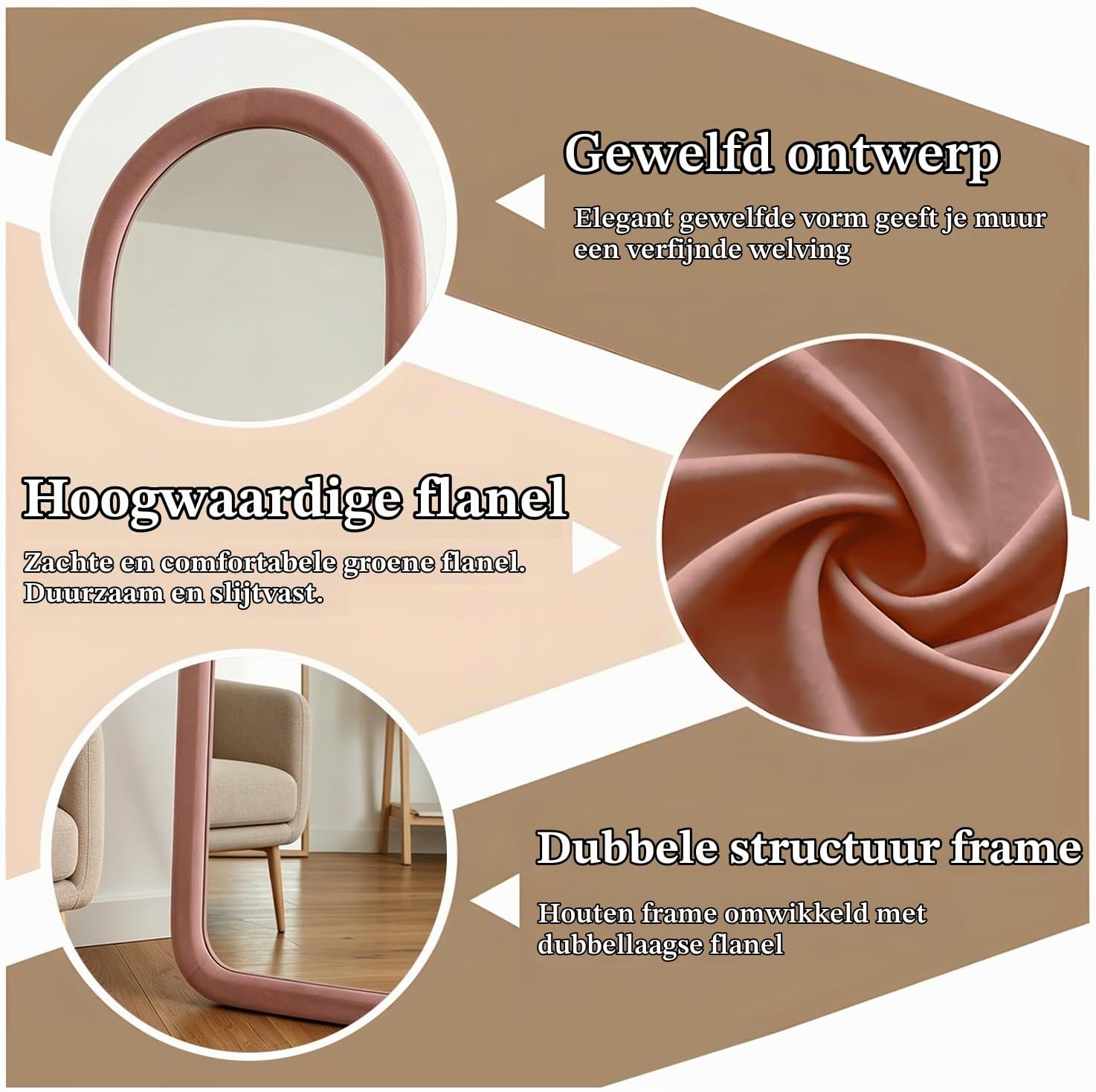 Thumbnail 5 de NEUWEABY gebogen passpiegel met lichtroze lijst en flanellen bekleding