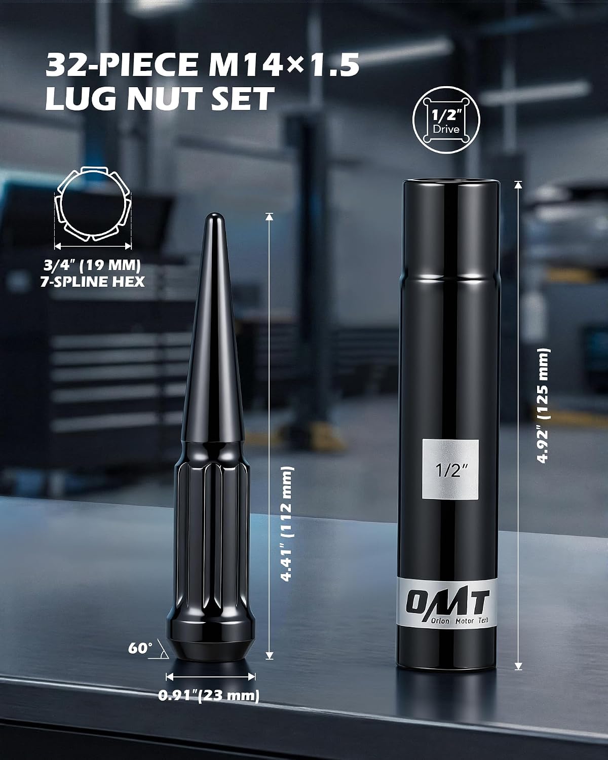 Detalle 2 de 14x1.5 Spike Lug Nuts 32pc Black 🔩