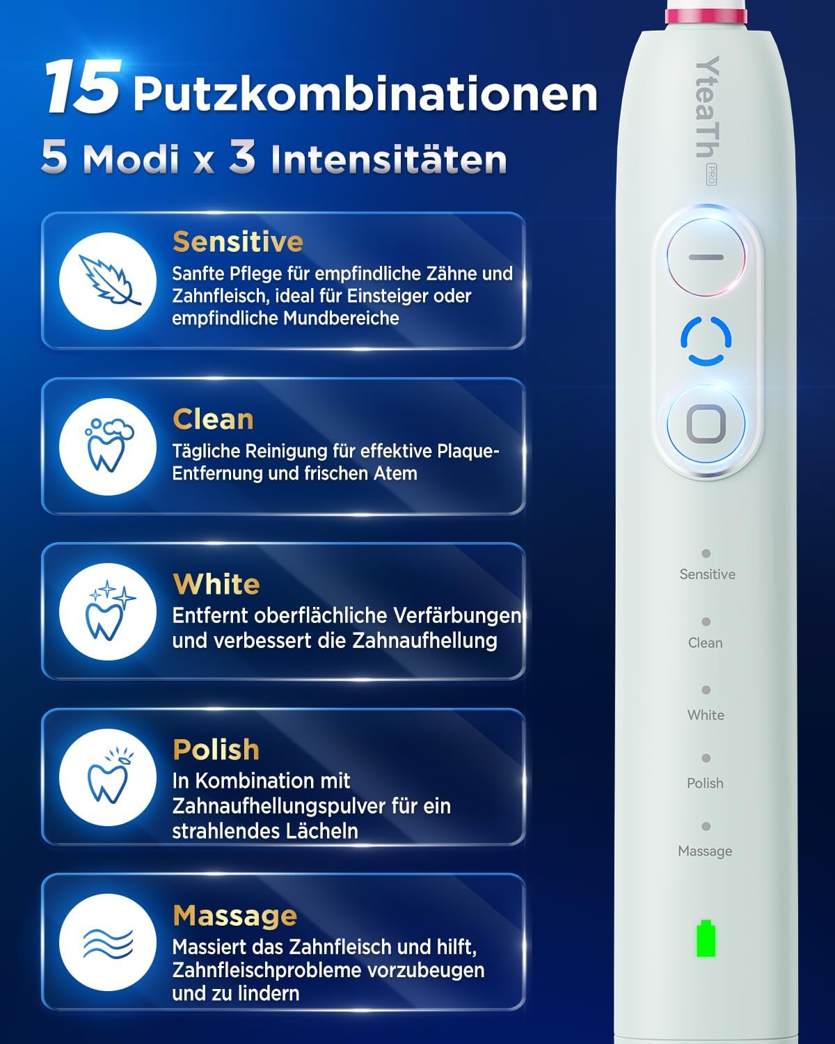 Detalle de Elektrische Zahnbürsten – Rotierende Bürsten für Erwachsene und Kinder mit 8 Aufsteckbürsten, 3 Intensitäten, 5 Modi und Wandhalterung (IPX7)