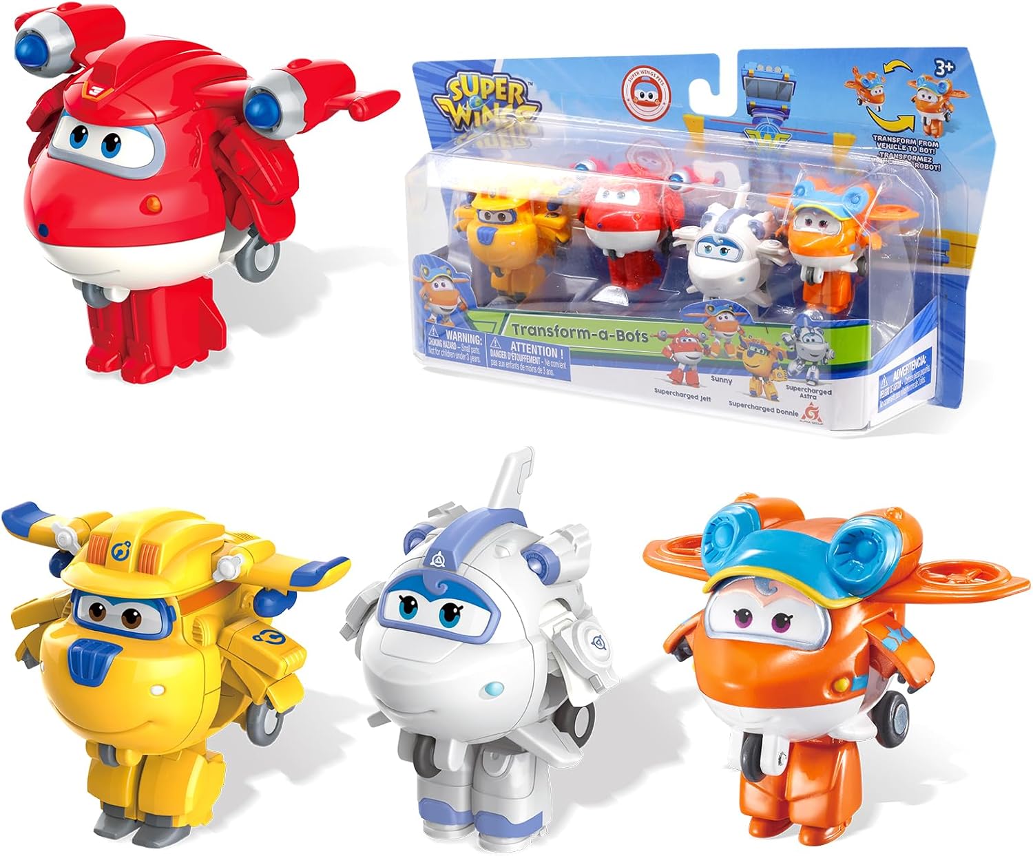 Super Wings 2" Verwandlungsspielzeug 4er Pack mit Supercharged Jett, Donnie, Astra & Sunny