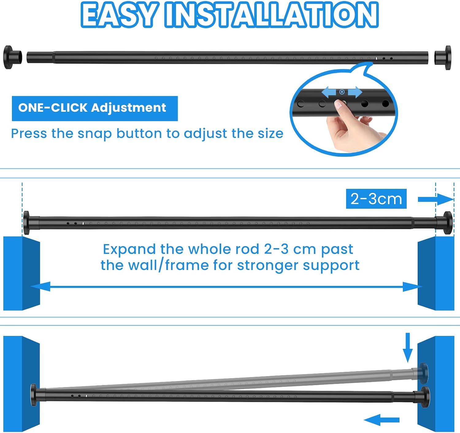 Thumbnail 6 de WELDUN Extendable Curtain Poles 98-200cm: Black Telescopic Tension Rod, 32mm Ø with 2 Wall Bases