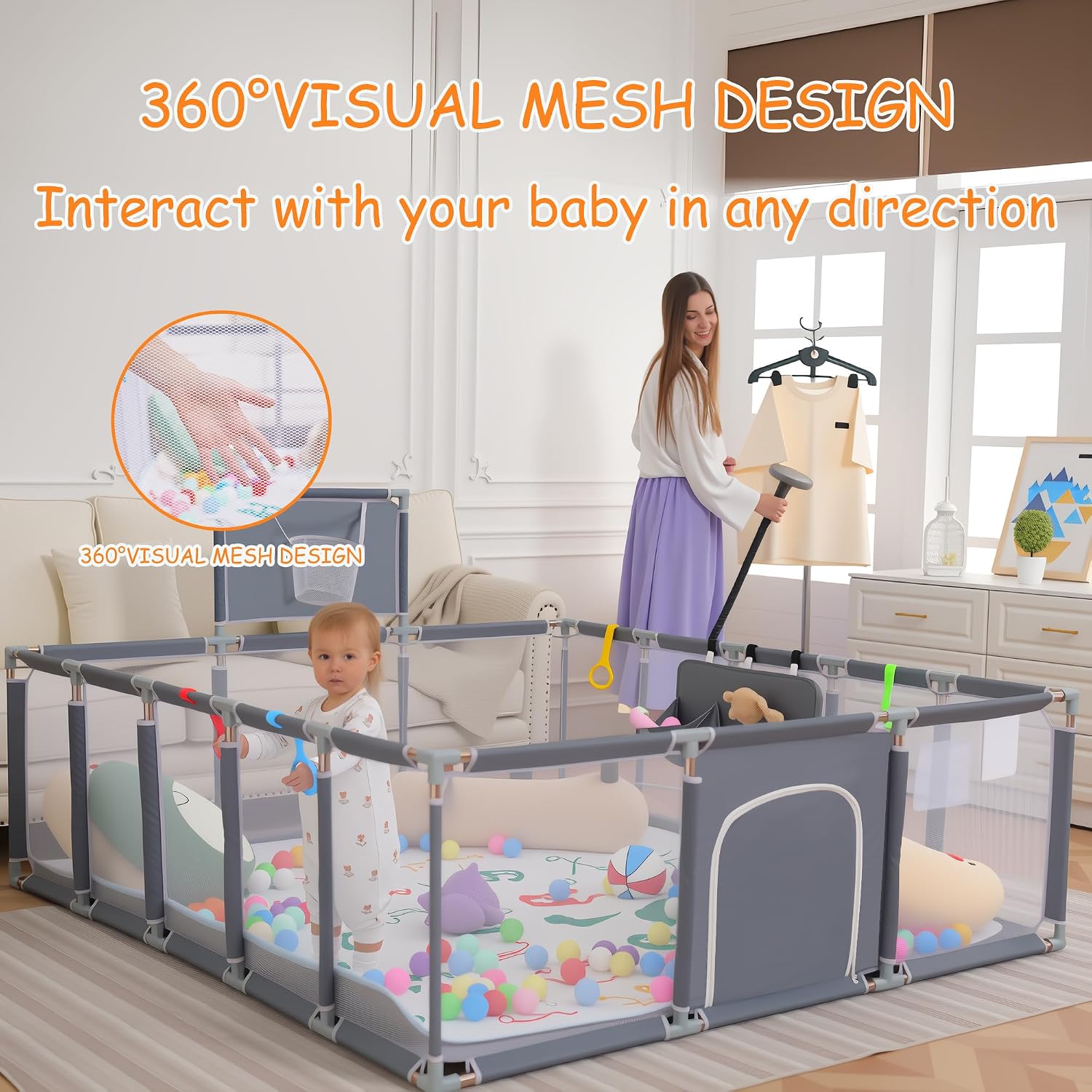 Detalle de Clocly 79" x 71" Baby Playpen with Mat, Mesh Sides and Play Accessories