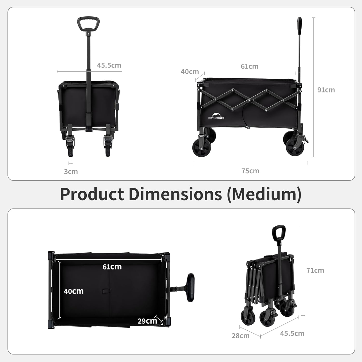 Thumbnail 6 de Naturehike Bollerwagen Faltbar 130L – Stabiler, großer Garten- und Campingwagen (120 kg Tragkraft, 71–91 cm Griff, 28 x 45,5 x 71 cm zusammenklappbar)