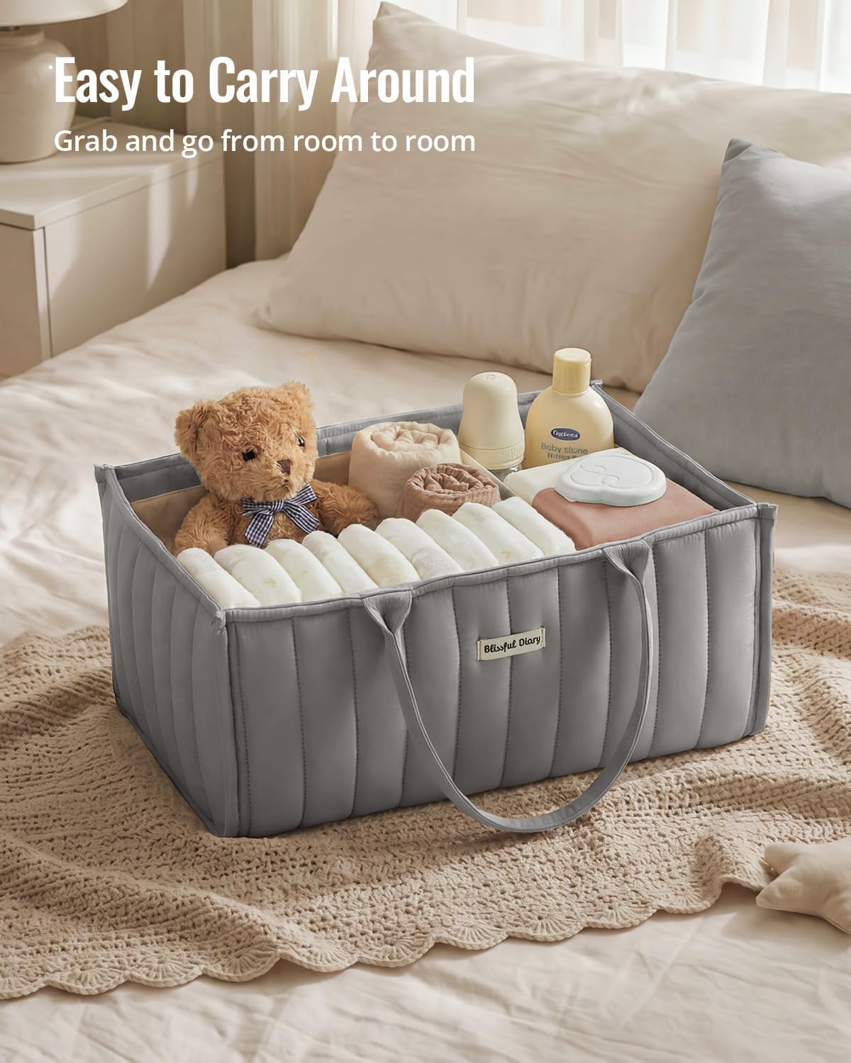 Detalle 1 de Blissful Diary SNB-01 Baby Diaper Caddy, Light Gray Polyester with Removable Dividers