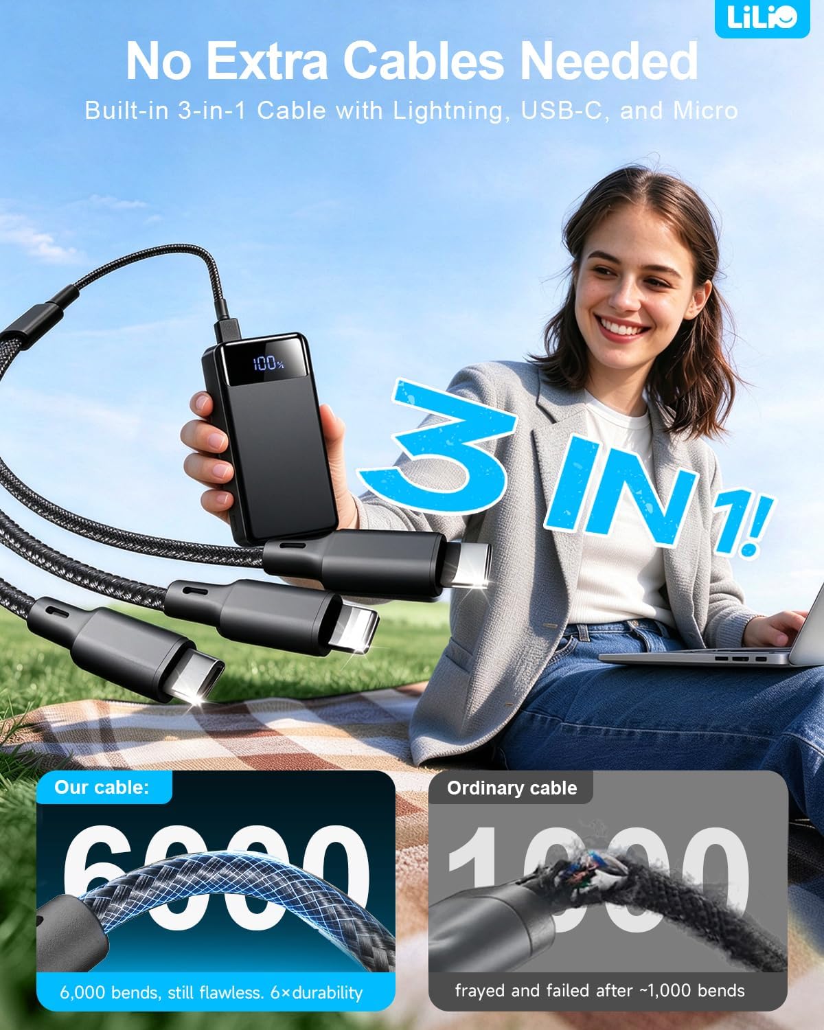 Detalle de LILIO P2 PRO 60,000mAh Power Bank, 22.5W Fast Charging, 3-in-1 Cable