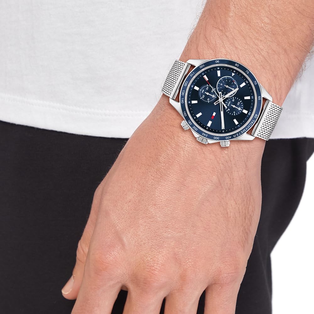 Thumbnail 3 de Tommy Hilfiger Herren Analog Quarz Uhr – 44 mm Gehäuse, Marineblaues Zifferblatt, Edelstahl-Mesh-Armband