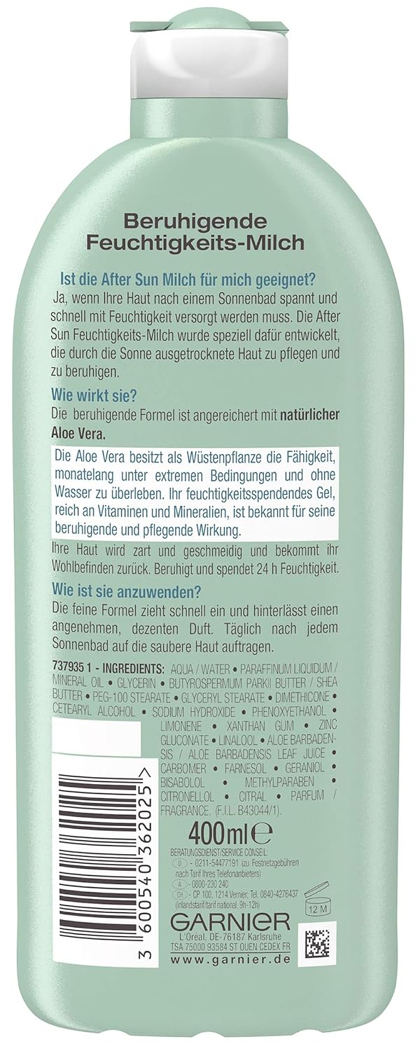 Detalle 2 de Garnier Ambre Solaire After Sun Lotion mit Aloe Vera – kühlende Bodylotion, beruhigende Feuchtigkeitspflege (Packung mit 2 x 400 ml)