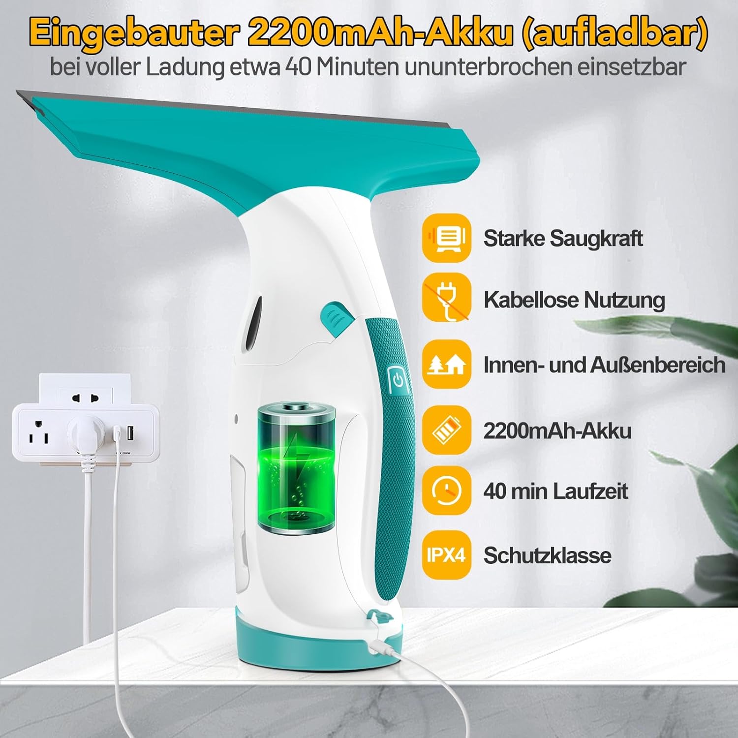 Thumbnail 1 de Fenstersauger mit 28 cm & 17 cm Doppelsaugdüsen – kabellos, 40 Minuten Laufzeit, 270 ml Wassertank