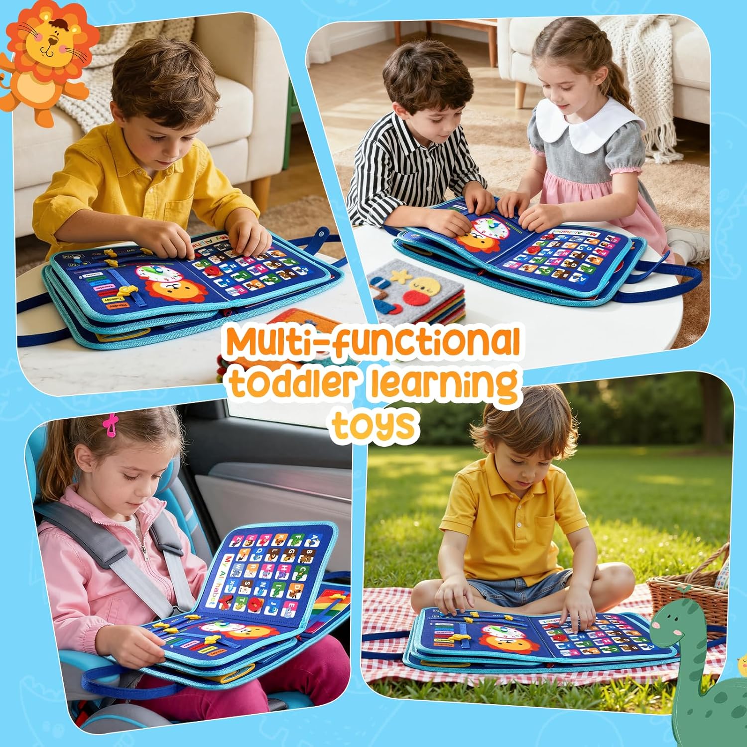 Thumbnail 4 de Warmiehomy Montessori busy board (felt activity board) with 8 play pages – blue big whale travel toy