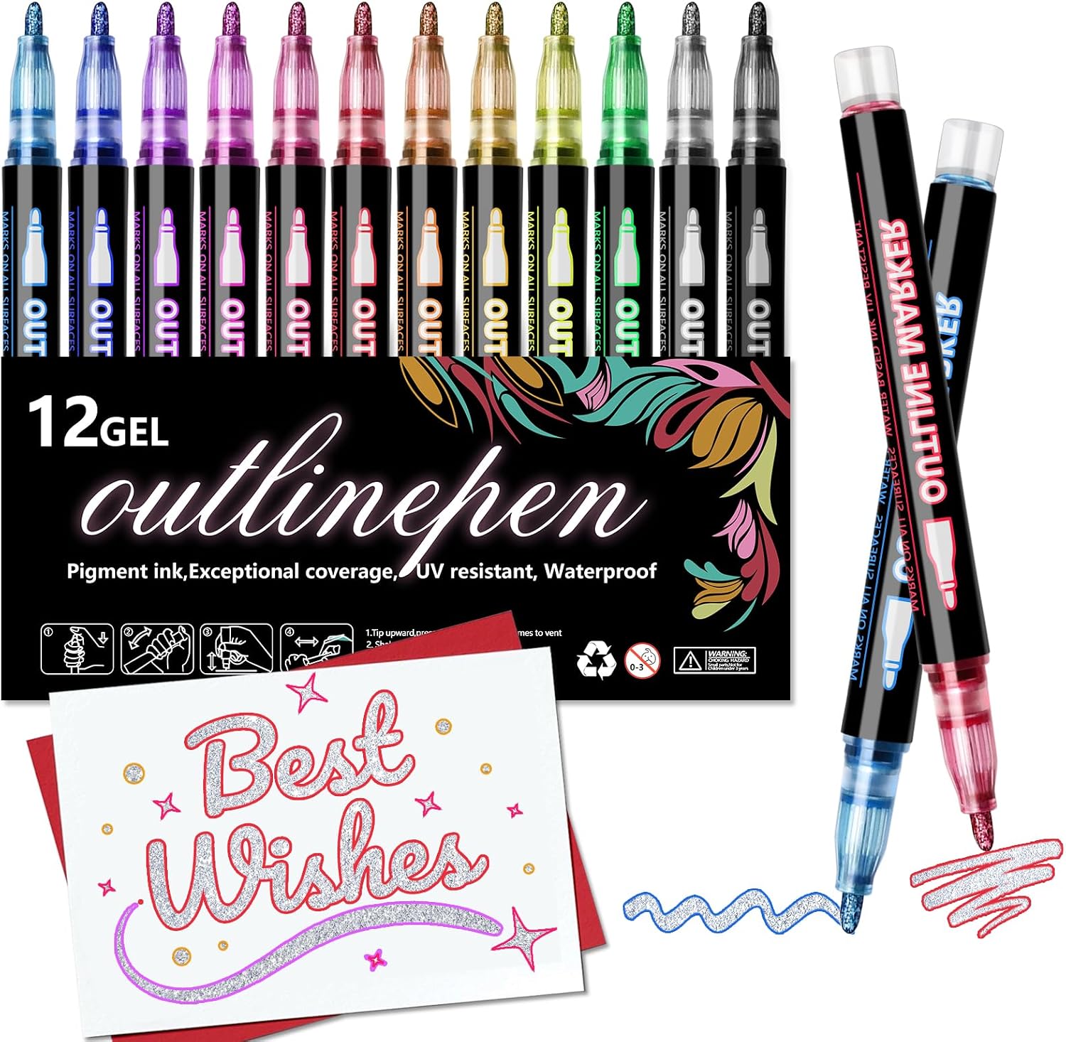 Detalle de PTAZSCTC Outline Shimmer Markers, 12-Color Glitter Pens with Chisel Tips