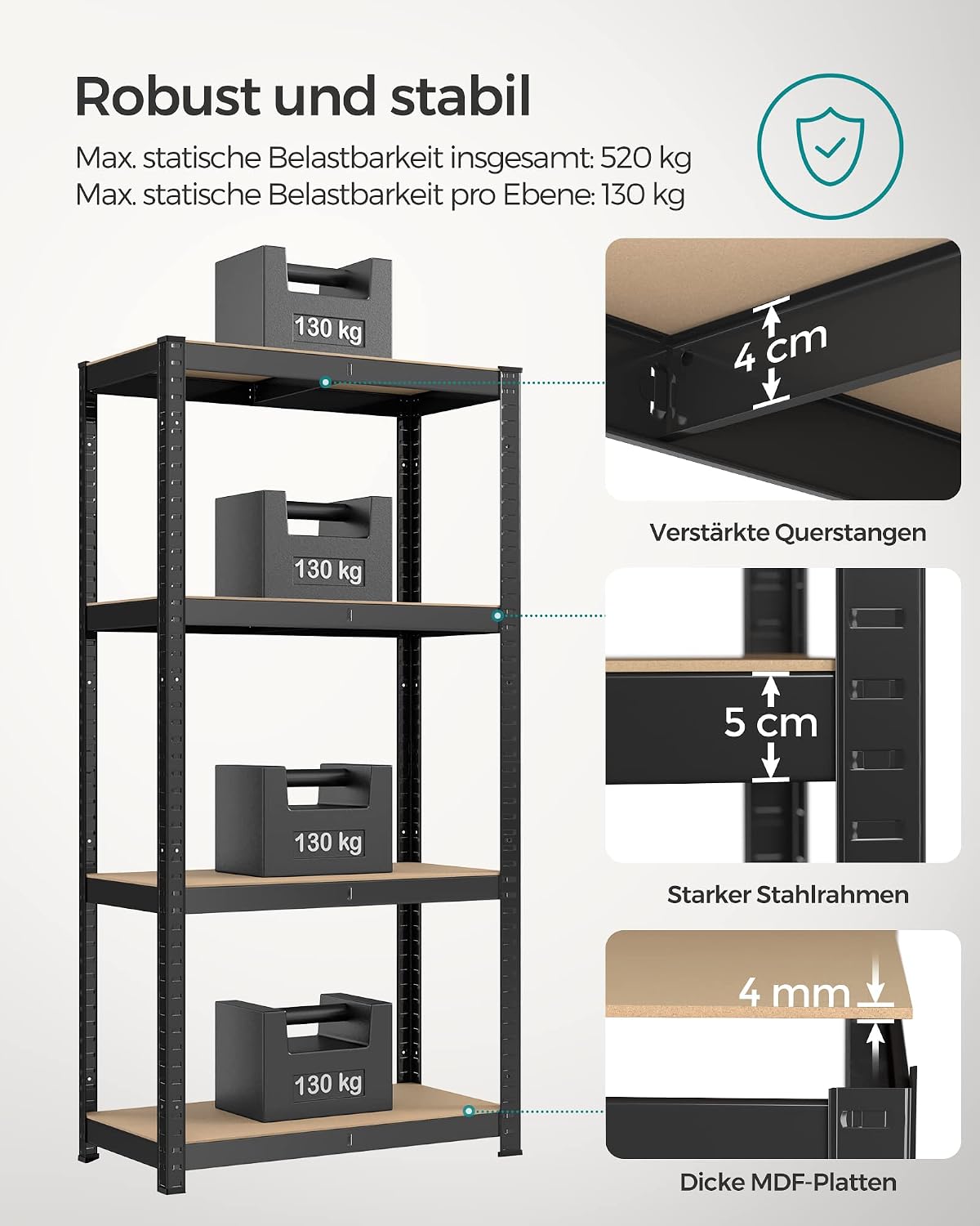 Detalle de SONGMICS Schwerlastregal-Set GLR044B02 (2er Set), 40 × 80 × 160 cm, Stahlgestell, 4 höhenverstellbare Ablagen