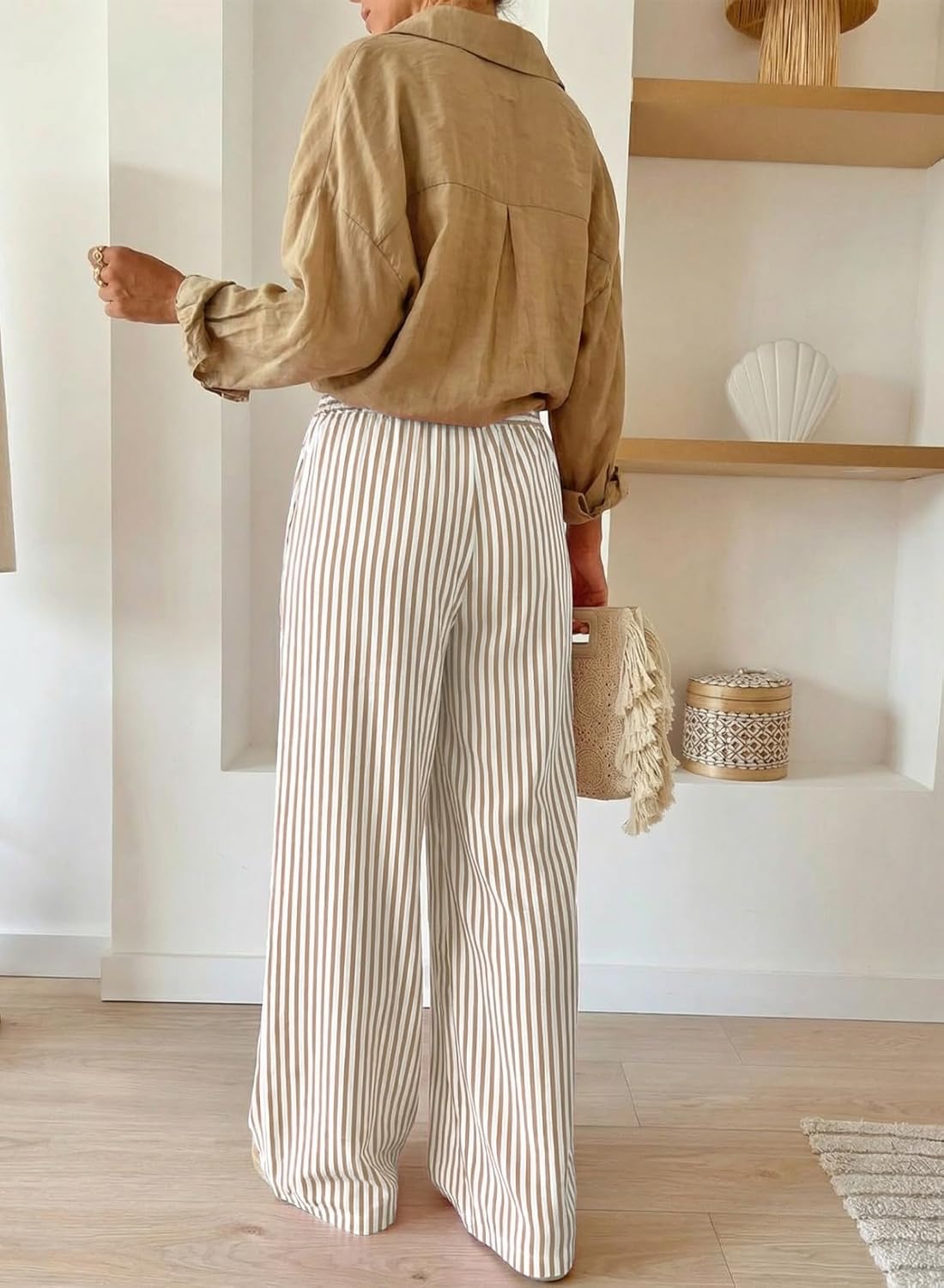 Thumbnail 3 de Acelitt Women Casual Drawstring Elastic Waist Striped Wide-Leg Pants with Pockets (S–XXL)