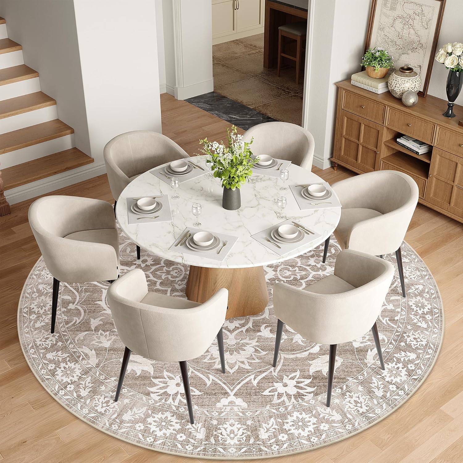 Thumbnail 1 de Soalmost Washable Round Rug 8ft: Soft, Non-Slip Floral Circle Carpet for Living Room