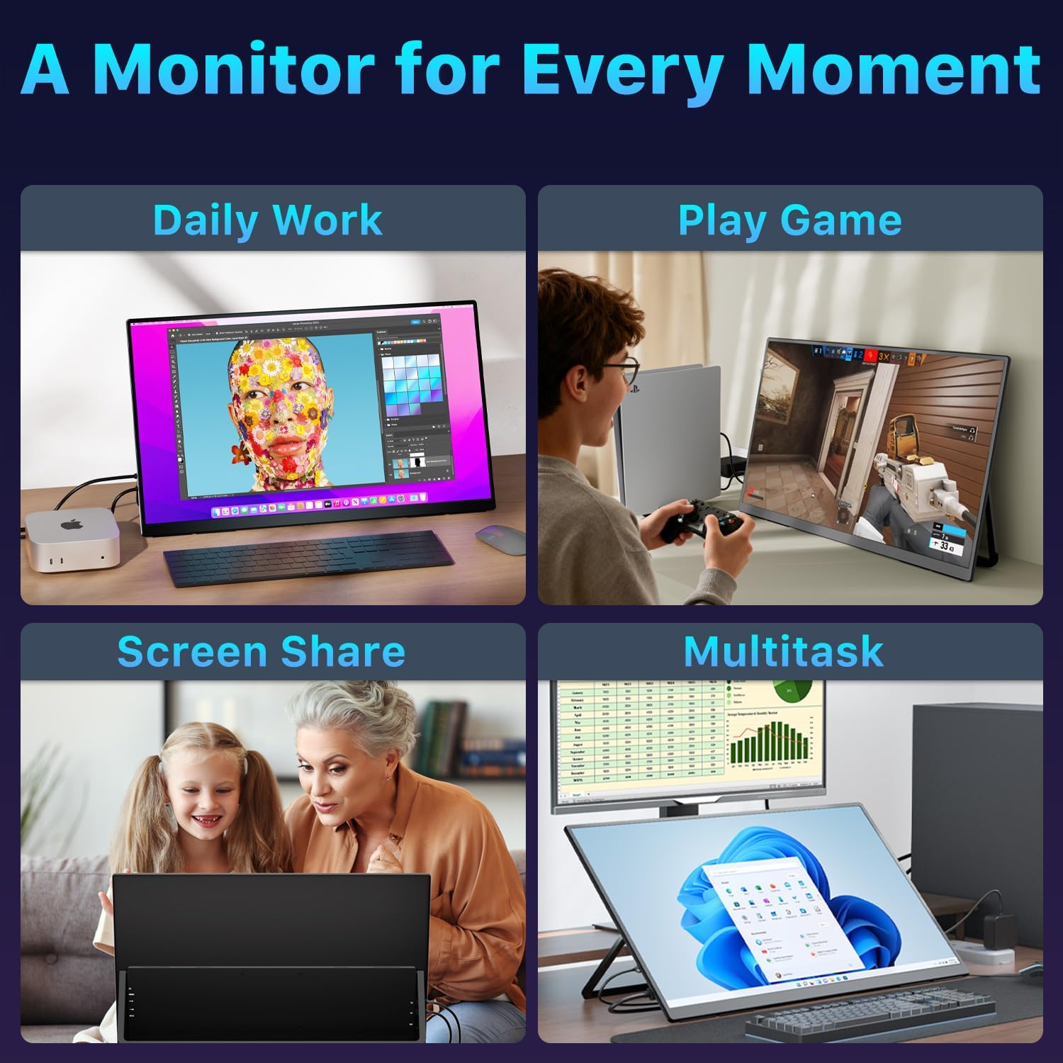 Thumbnail 6 de Upperizon 23.8-Inch 4K Portable Monitor with HDR, USB-C & HDMI, 100x100mm VESA, Built-in Speakers