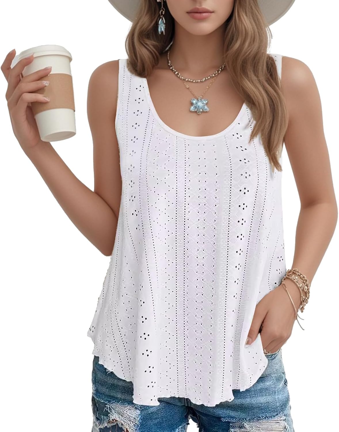Detalle de SEDEX Women's Loose Fit Tank Top: Sleeveless Vest with Eyelet Embroidery
