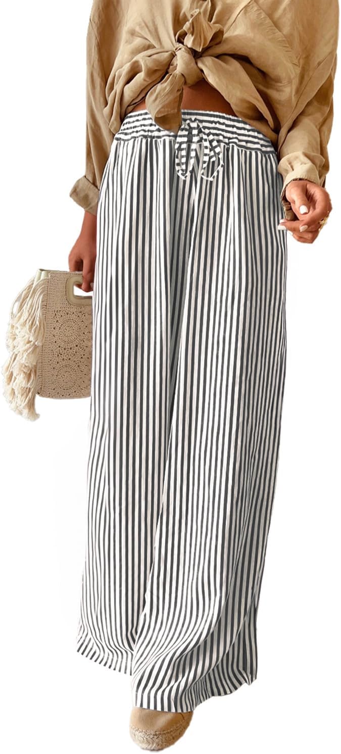 Thumbnail 5 de Acelitt Women Casual Drawstring Elastic Waist Striped Wide Leg Pants with Pockets