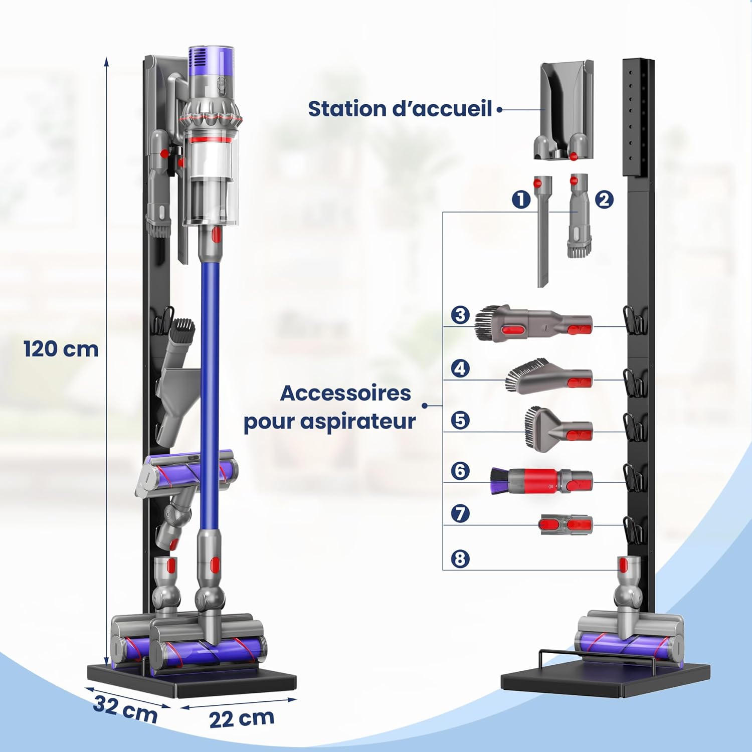 Detalle de Pickpiff Support sur pied pour Dyson — rangement compact et accessoires à portée de main