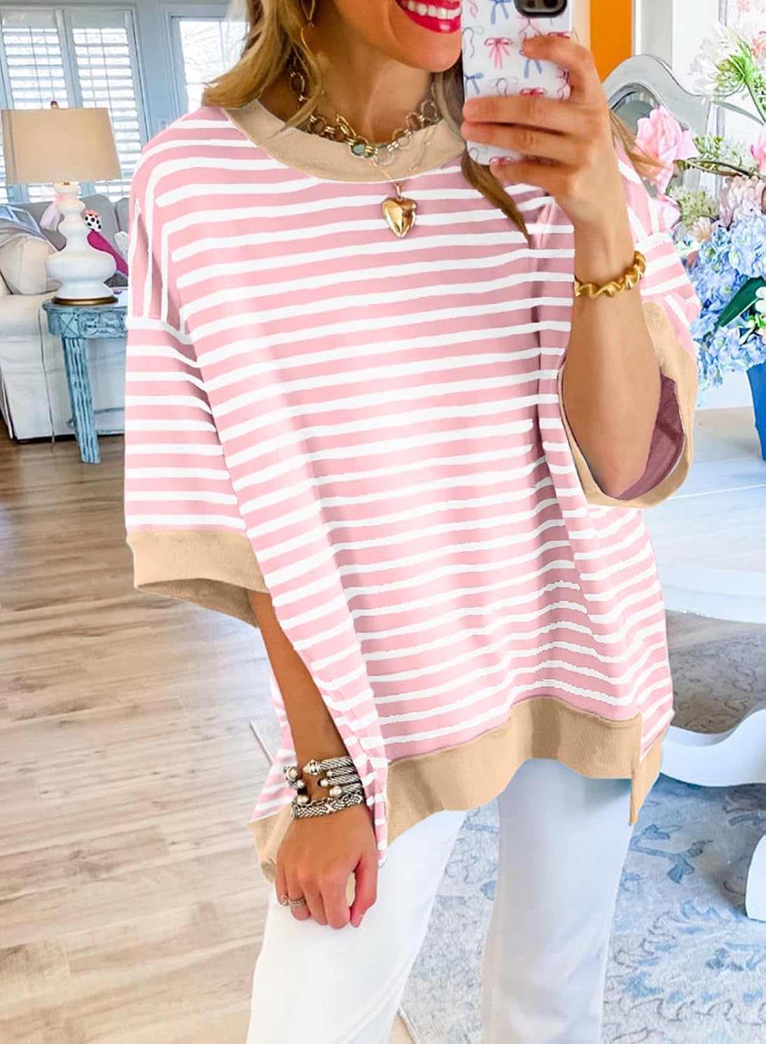 Detalle 2 de SHEWIN Women's Casual Short Sleeve Striped Sweatshirt Crewneck T-Shirt – Oversized, Loose Fit