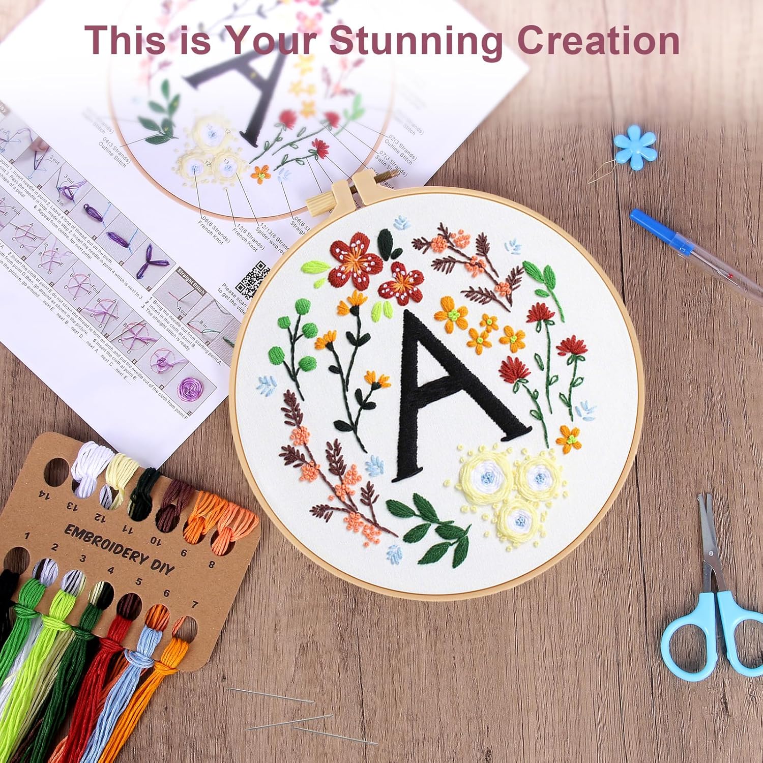 Thumbnail 4 de VUEJIC Beginner Embroidery Kit for Adults (Letter A & floral cross-stitch patterns) with hoop, floss and tools