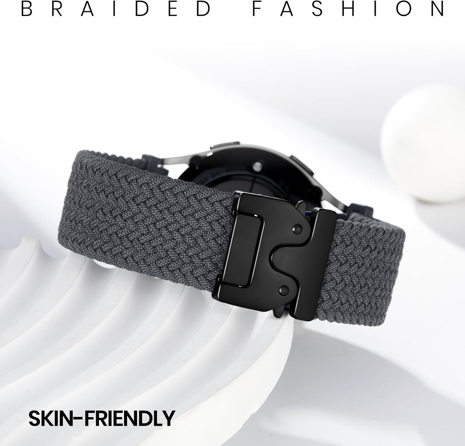 Detalle de Joehwerr 18mm Braided Stretch Nylon Sport Strap with Parachute Buckle (Grey) for compatible Garmin and vivoactive models