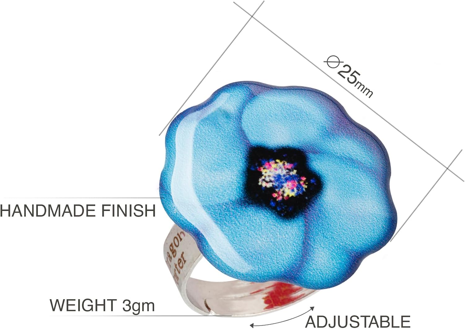 Detalle 2 de Belle Fleur ou Papillon – Bague Fantaisie Réglable Bleu par Dragon Porter