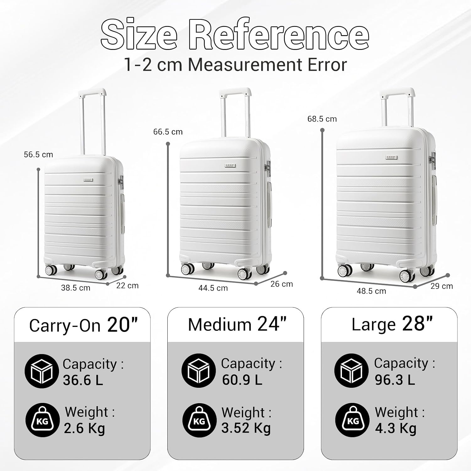 Thumbnail 1 de Kono Medium PP Trolley Suitcase, 61L, White with Spinner Wheels and TSA Lock