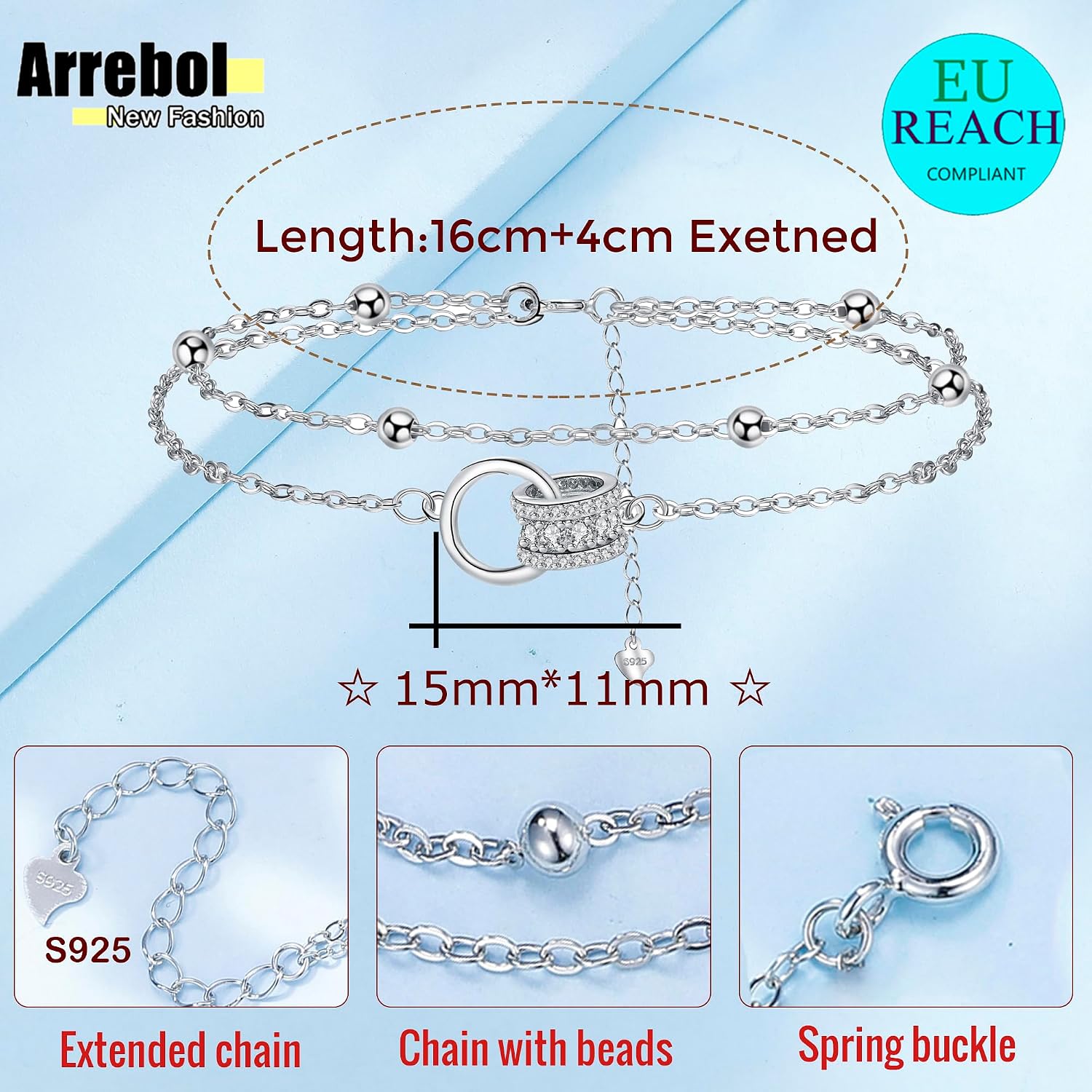 Detalle de Arrebol Armband 925 Sterling Silber – Doppelketten-Design, verstellbar 16+4 cm, hypoallergen, mit Zirkonia