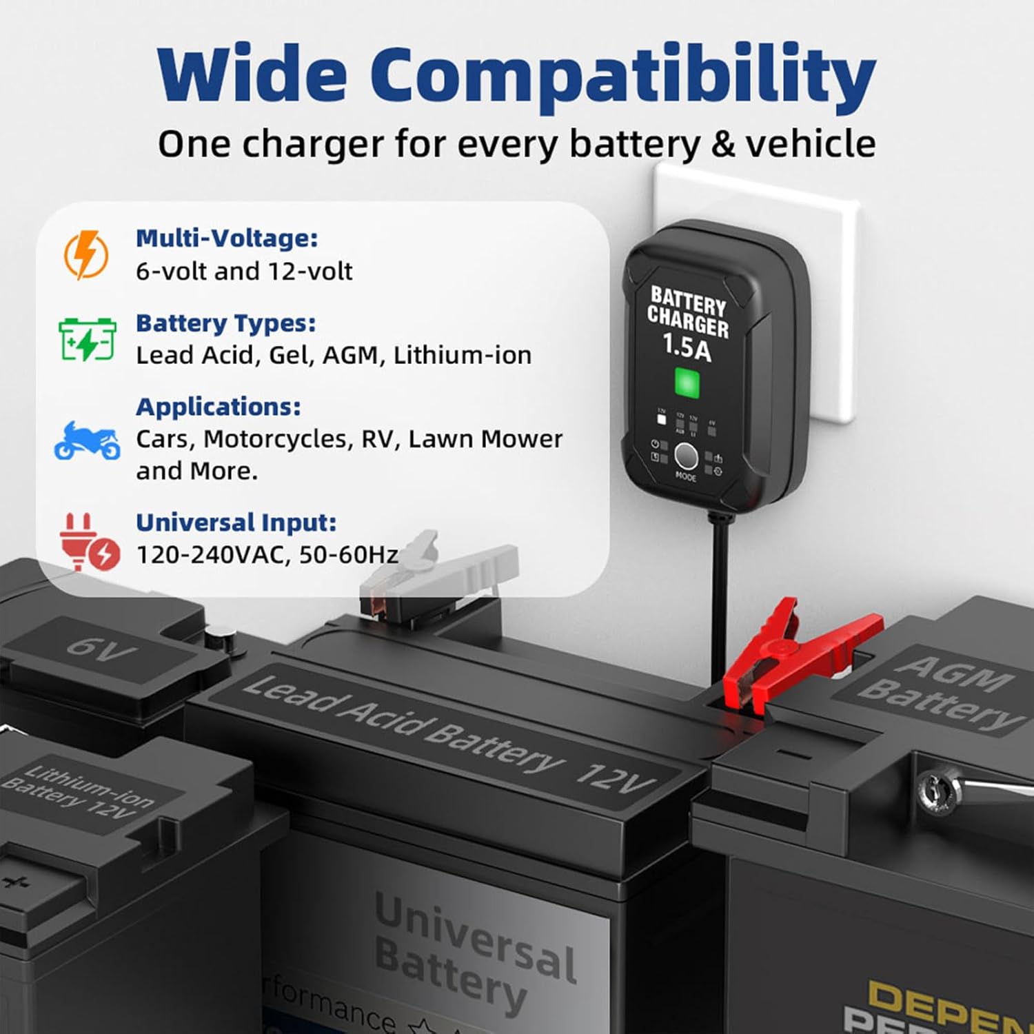 Thumbnail 2 de 1.5A 6V/12V Car Battery Charger (Automatic Trickle Charger) — Battery Maintainer with Temperature Compensation & Overcharge Protection