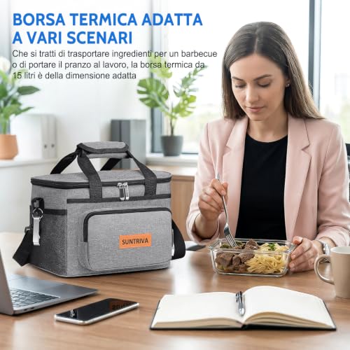 Thumbnail 6 de SUNTRIVA Borsa Termica Porta Pranzo 15L con Tracolla – Impermeabile, Grigio