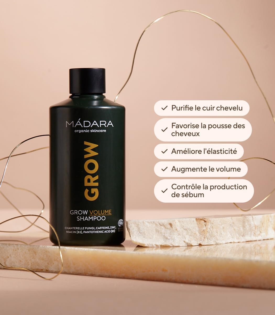 Detalle de MÁDARA Grow Volume Shampooing – Stimule la pousse et épaissit les cheveux fins (250 ml)