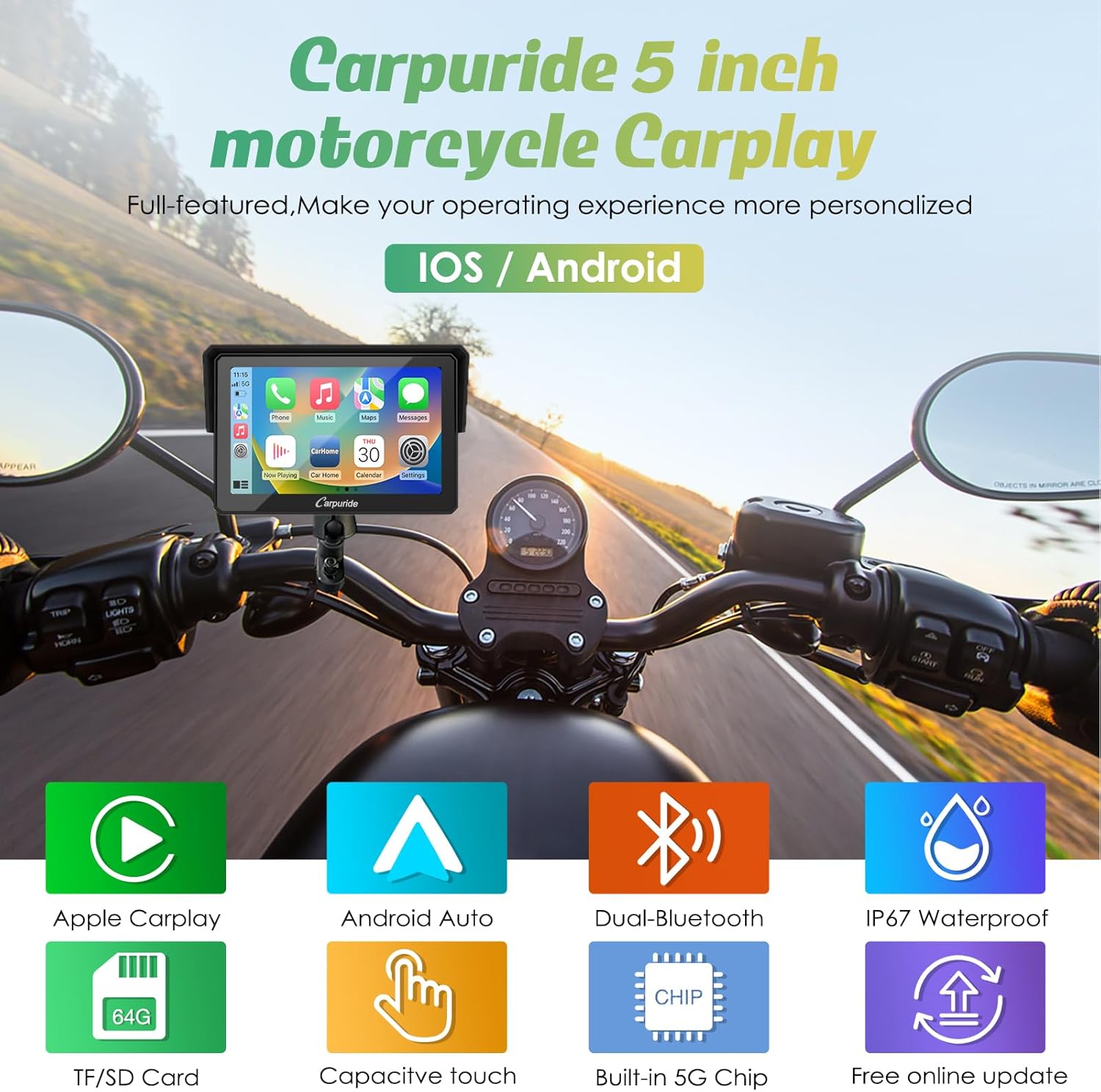 Detalle 2 de Carpuride W502: 5" IP67 Waterproof CarPlay & Android Auto Portable Motorcycle Stereo