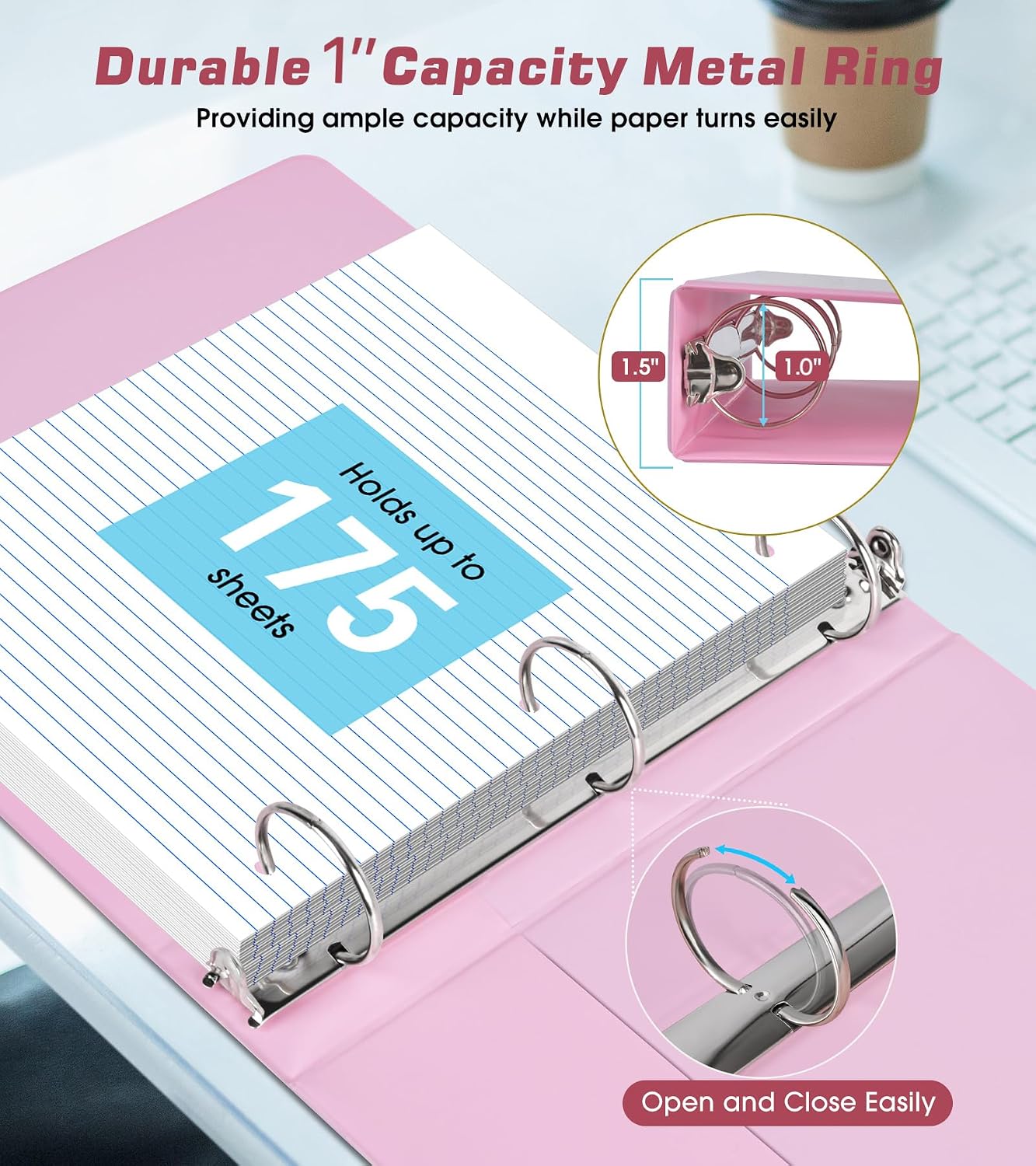 Detalle 2 de dilitego 1-Inch Pink 3-Ring Binder with Customizable Clear Cover and Pockets