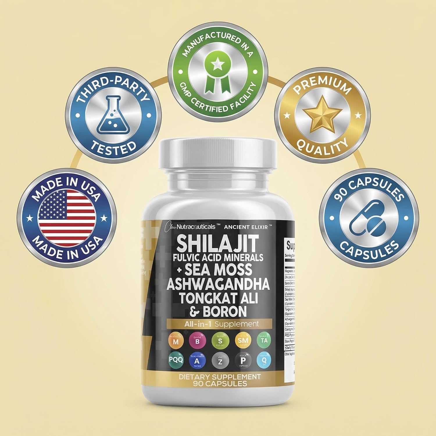 Detalle de Clean Nutraceuticals Shilajit Supplement Capsules with Sea Moss, Tongkat Ali & CoQ10