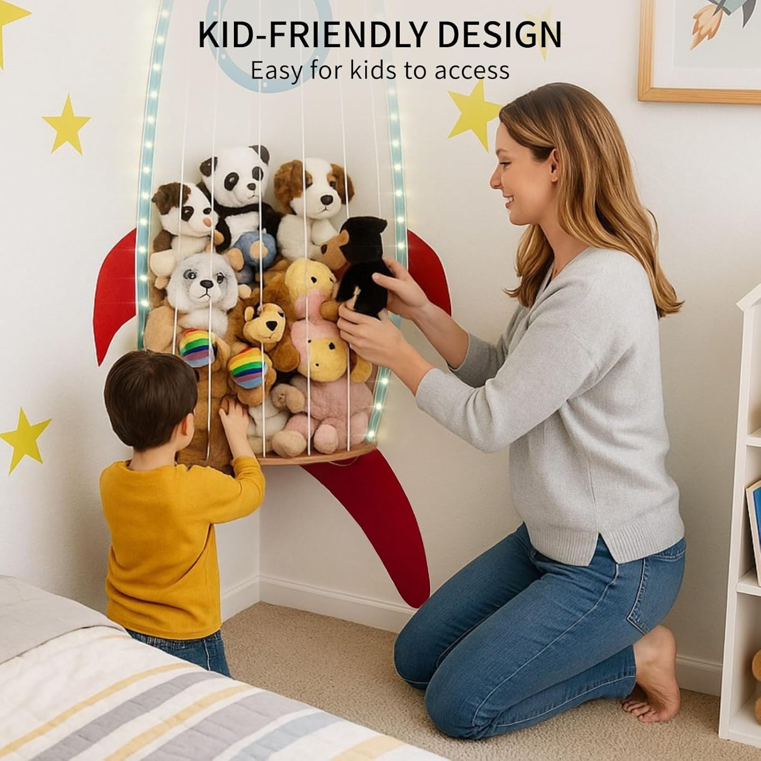 Detalle de PUTSKA Corner Nursery Storage Shelf – Space-Saving Wooden organiser for plush toys, baby essentials & nursery décor (Spaceship)