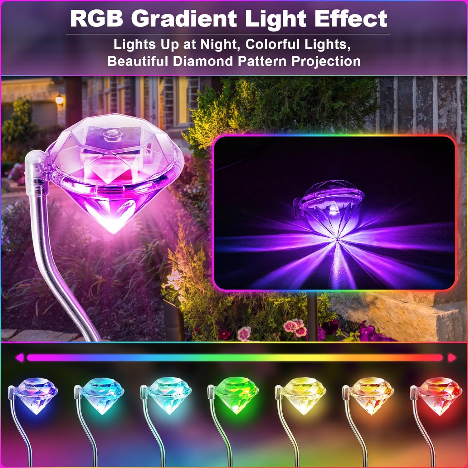 Thumbnail 1 de Anordsem solar diamond garden lights (colour changing RGB), waterproof outdoor stake lights