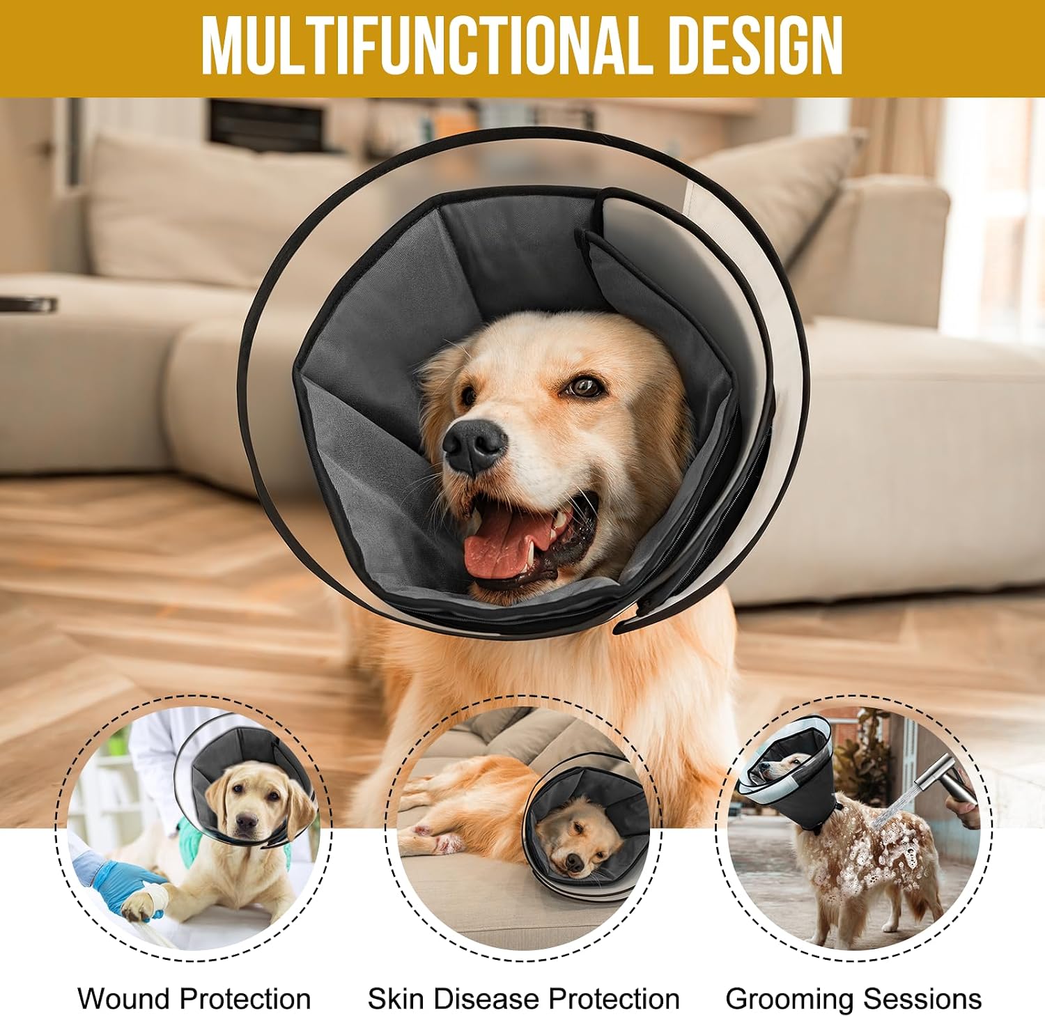 Detalle 2 de OneTigris Adjustable Dog Recovery Cone Collar (Soft Alternative Elizabethan Collar) – Black, Large