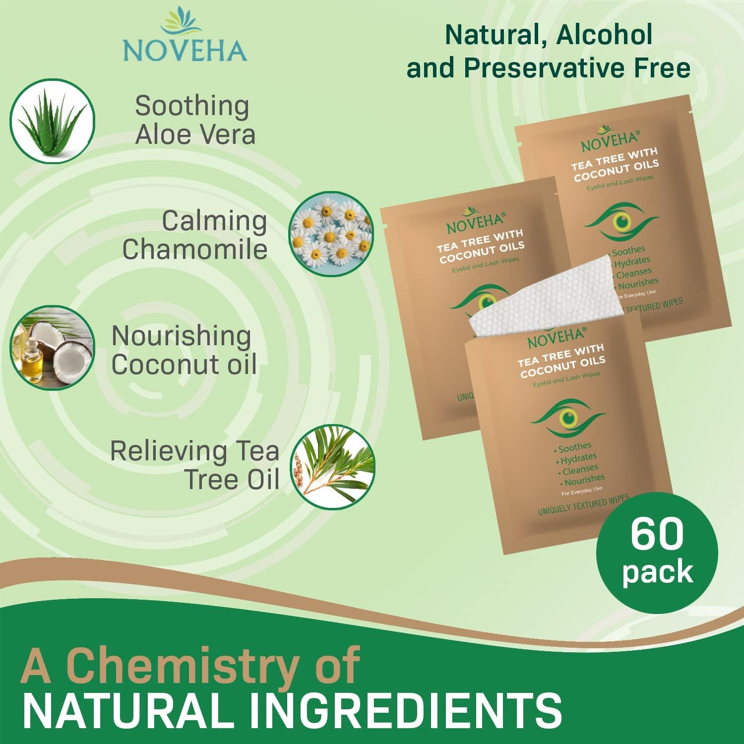 Thumbnail 1 de NOVEHA 60-Count Tea Tree & Coconut Oil Eyelid & Lash Wipes for Demodex, Blepharitis & Itchy Eyes