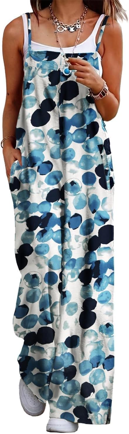 Detalle de YESNO Women’s Summer Boho Cotton Jumpsuit with Wide-Leg Overalls, Floral Print & Pockets