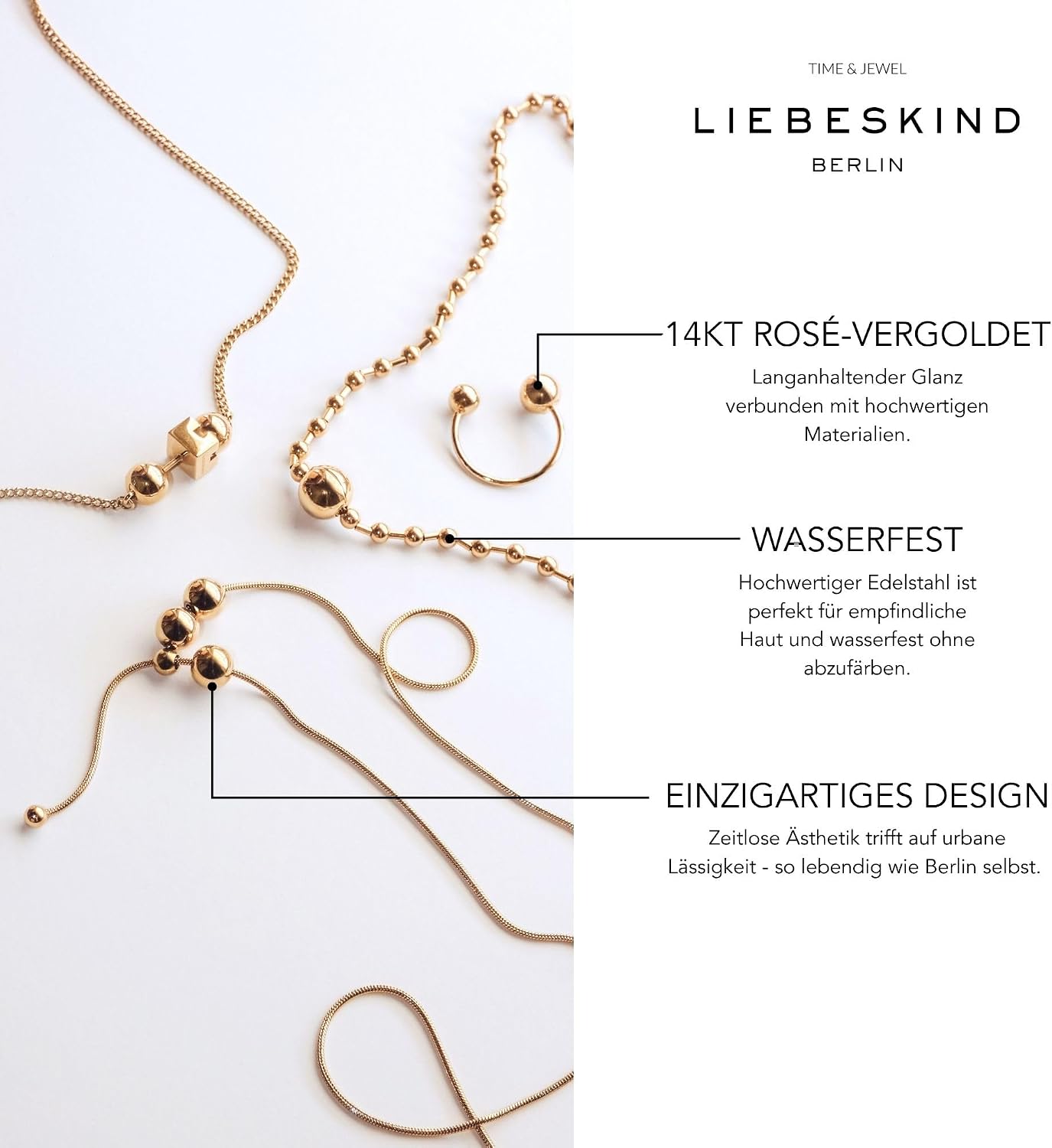 Detalle de Liebeskind Berlin Halskette aus Edelstahl – 42 cm, rosé IP poliert, Slider-Verschluss