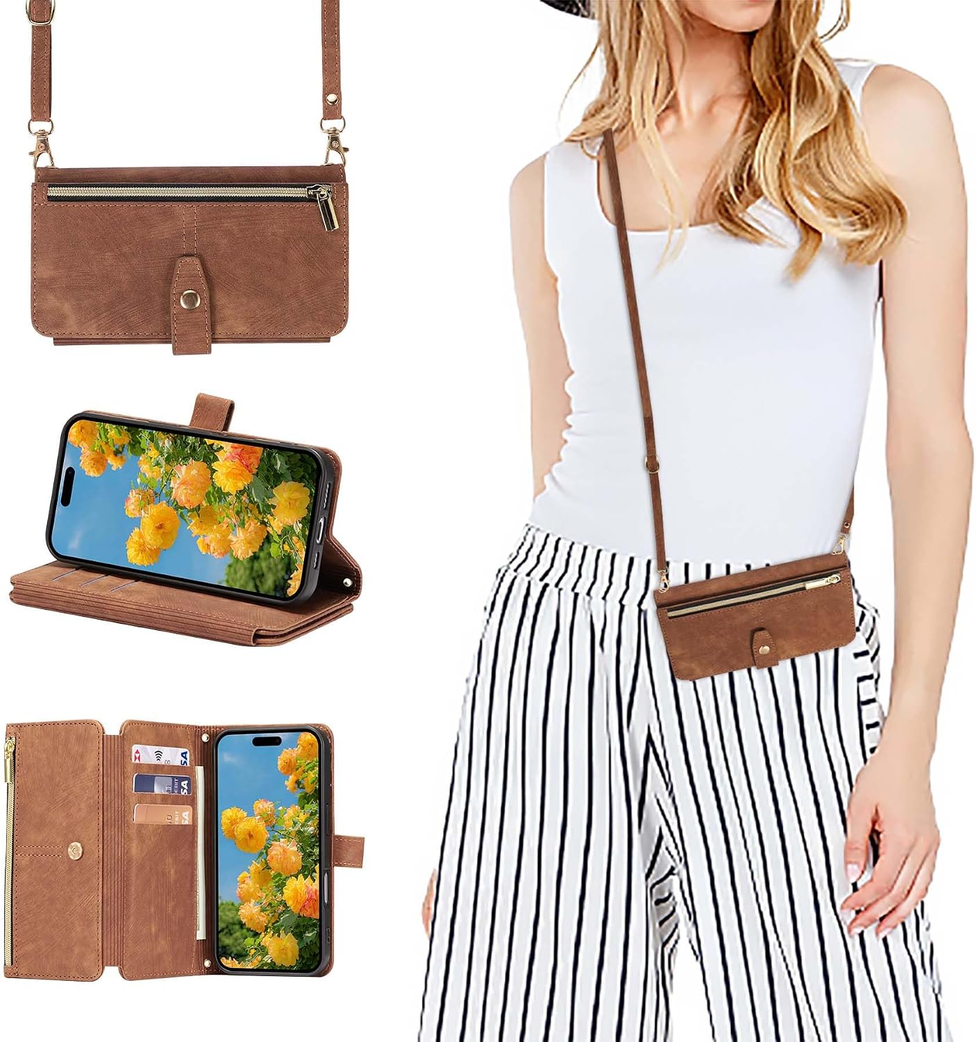 Detalle de ZCDAYE Wallet Phone Case for iPhone 17 (6.3”) with Lanyard – Brown