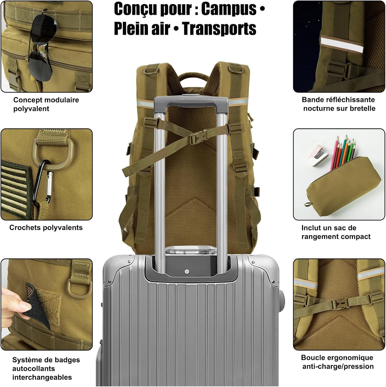 Detalle de FRONET Cartable Garçon/Fille Adolescent et Enfant 50×35×23 cm – Grand sac à dos 17,3" multi-compartiments, kaki