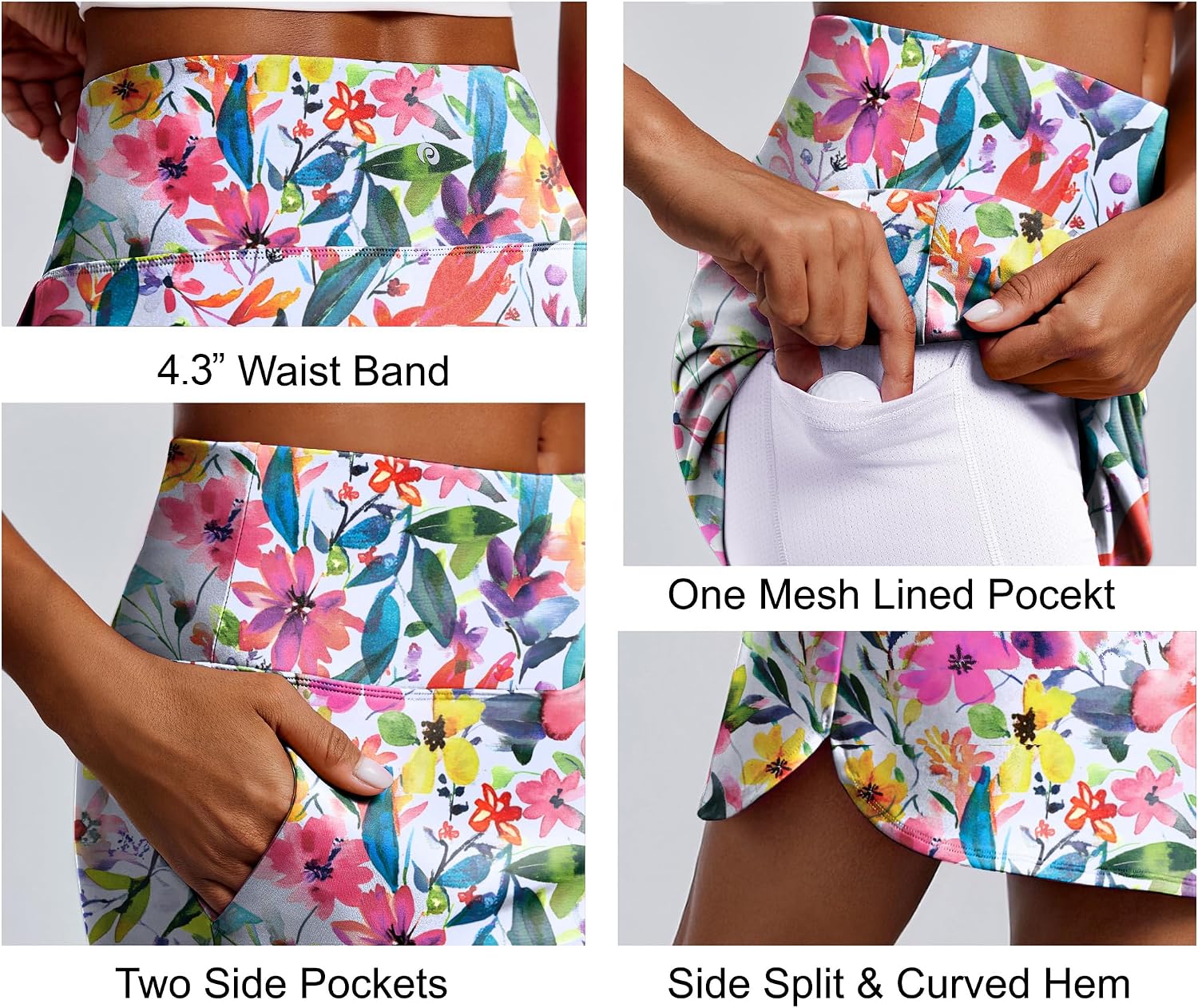 Detalle de PINSPARK 18" Skorts for Women – Above Knee, 3 Pockets, UPF 50+, High-Waist with Built-In Shorts