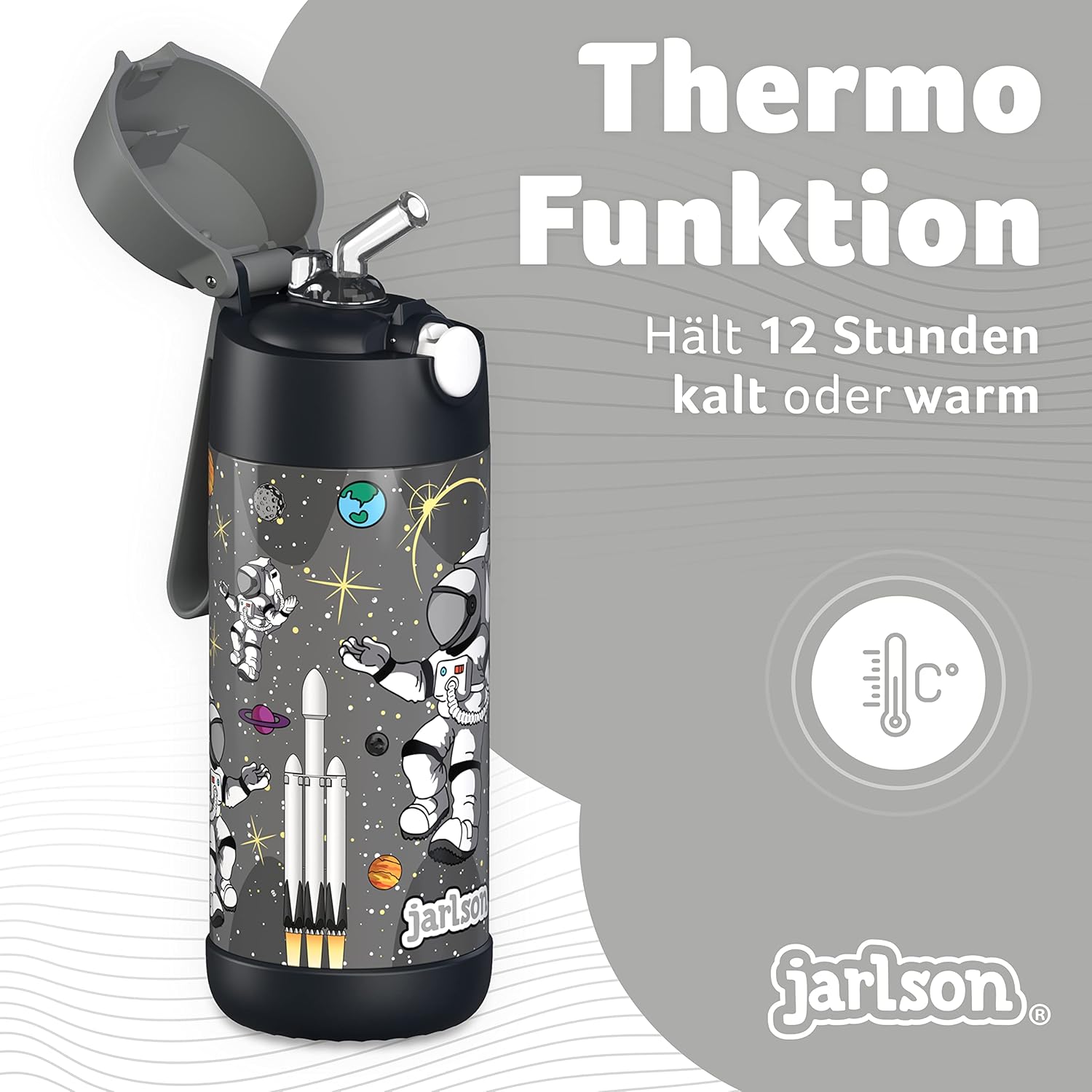 Thumbnail 1 de Jarlson® Kinder-Trinkflasche Charli mit Strohhalm (Edelstahl, 350 ml, Astronaut) – auslaufsicher, thermoisoliert