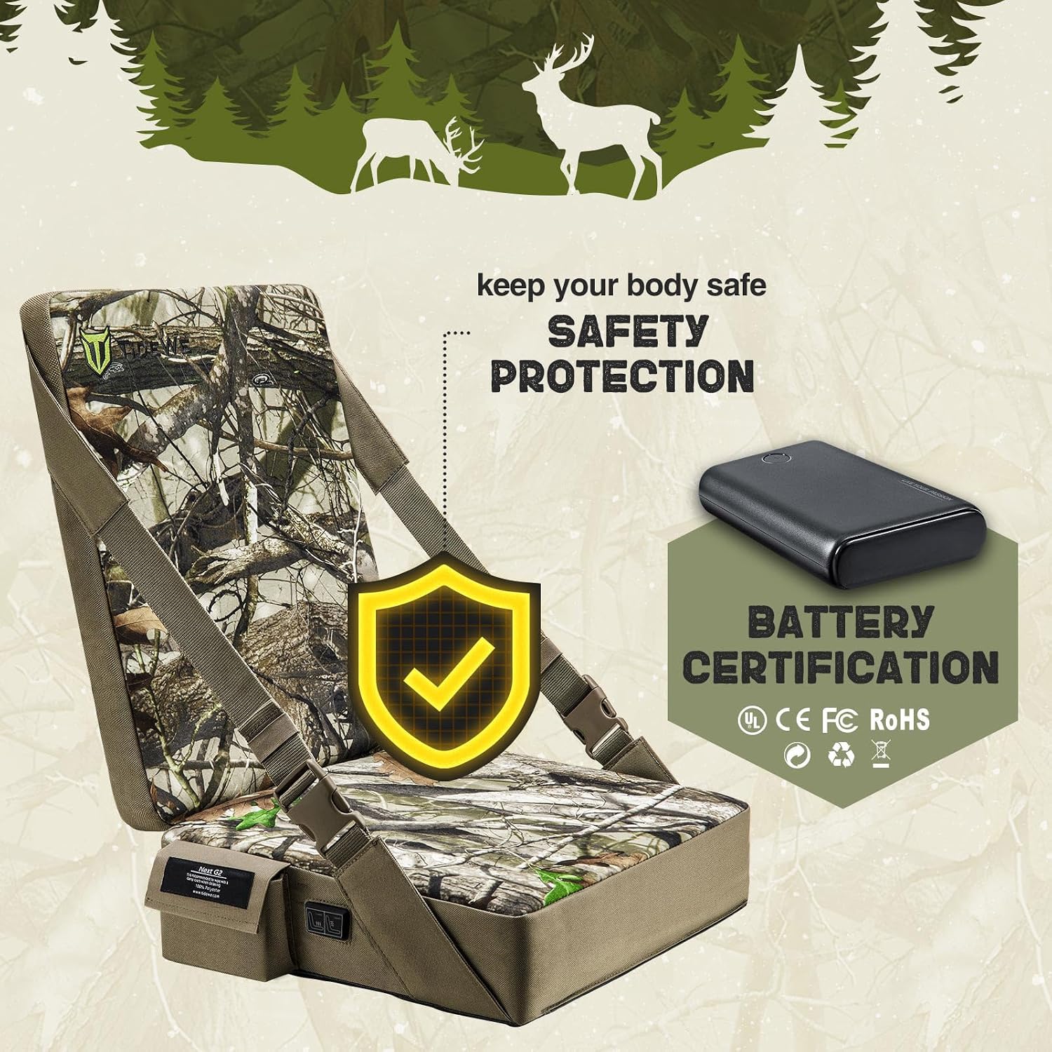 Detalle 1 de TIDEWE Next Camo G2 Heated Hunting Seat Cushion with Backrest and 3 Heat Levels