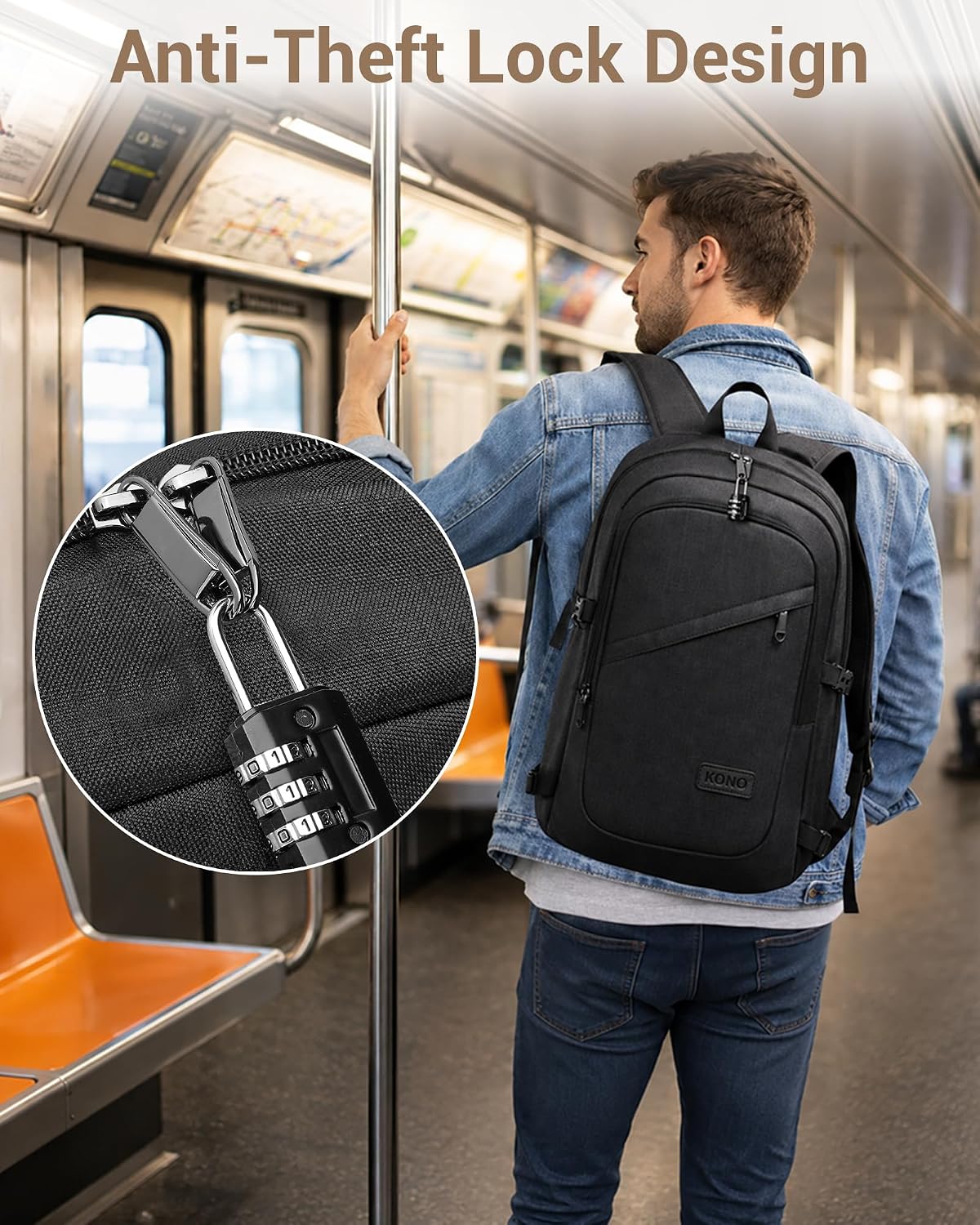 Detalle de Kono Laptop Backpack: 15.6 Inch Bag with USB Port and Anti-Theft Security