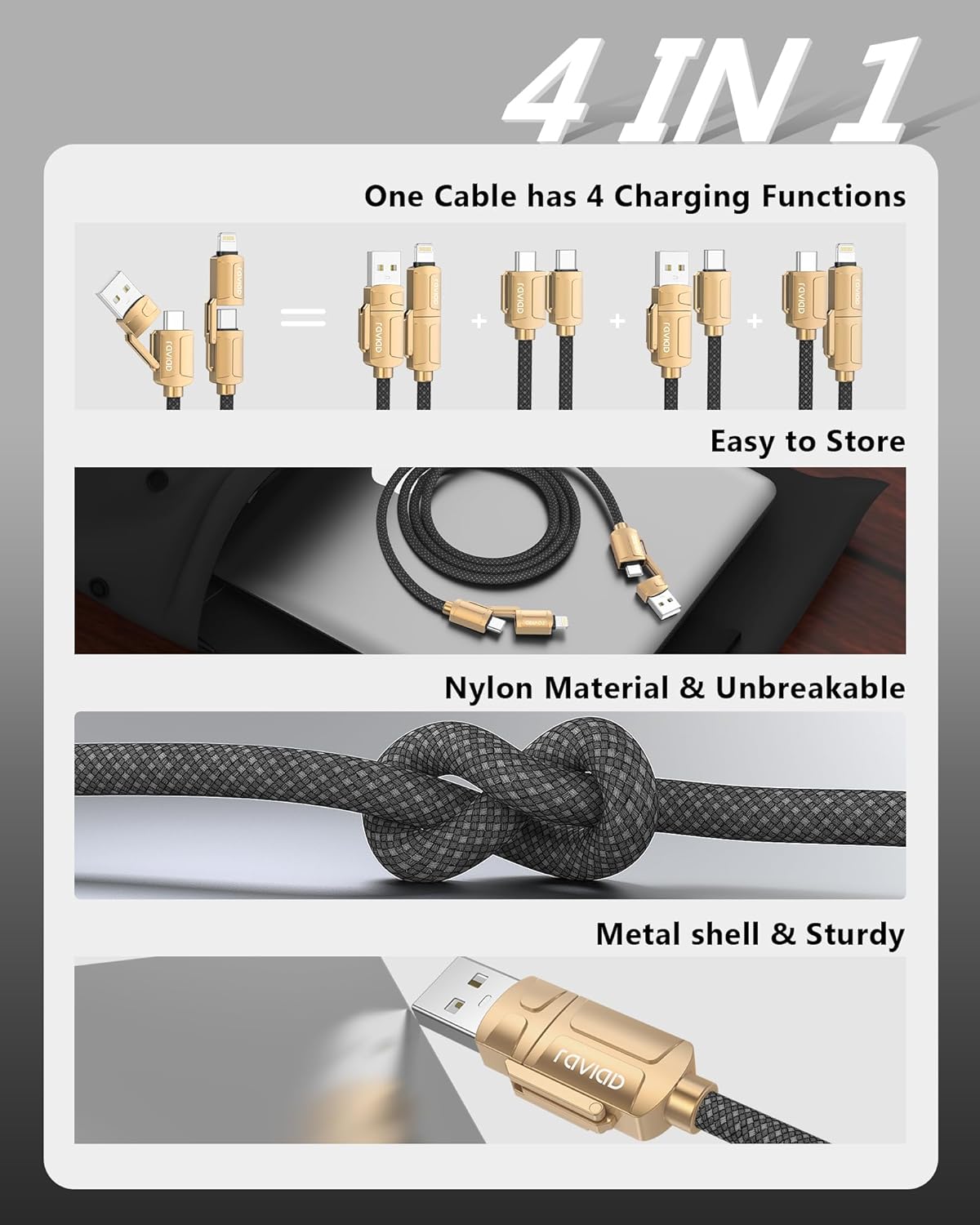 Thumbnail 3 de RAVIAD 4-in-1 USB Fast Charger Cable (60W, 3A) – 2m multi charging solution for iPhone, Android and more