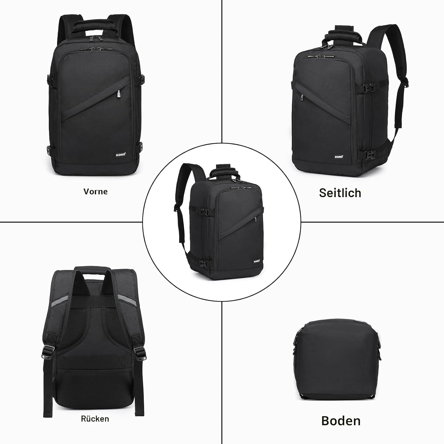 Detalle de KONO Kabinentasche 40 x 20 x 25 cm für Ryanair Untersitz – 20L, schwarz