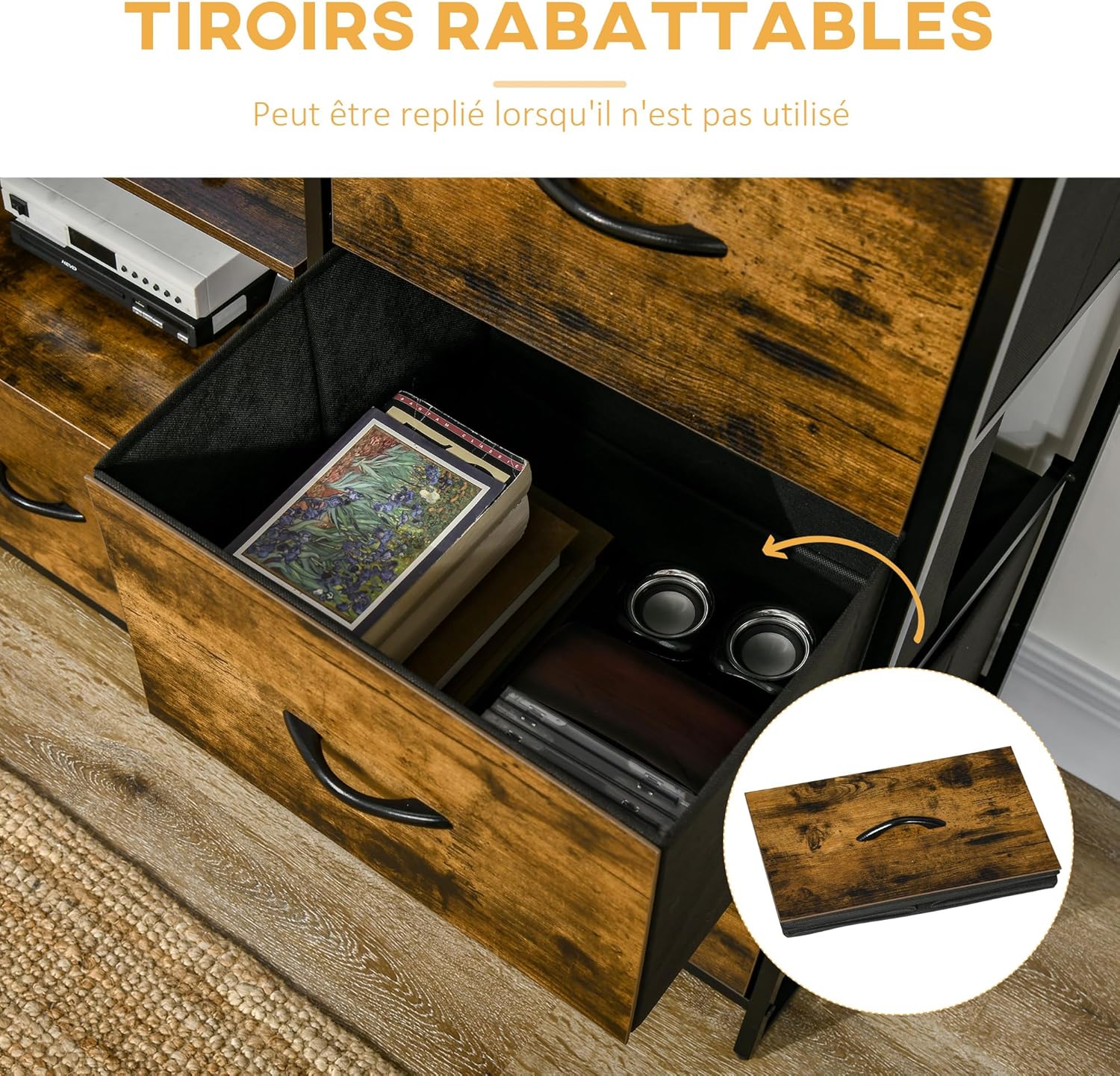 Detalle de HOMCOM Bibliothèque Étagère Verticale de Rangement avec 3 tiroirs en Tissu Amovibles - Style Industriel