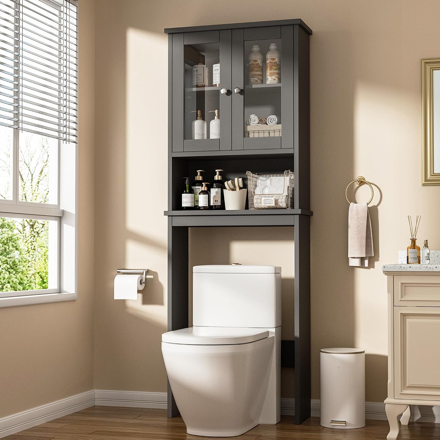 Detalle de Shintenchi Over-the-Toilet Storage Cabinet, Grey, Adjustable Shelf and Glass Door