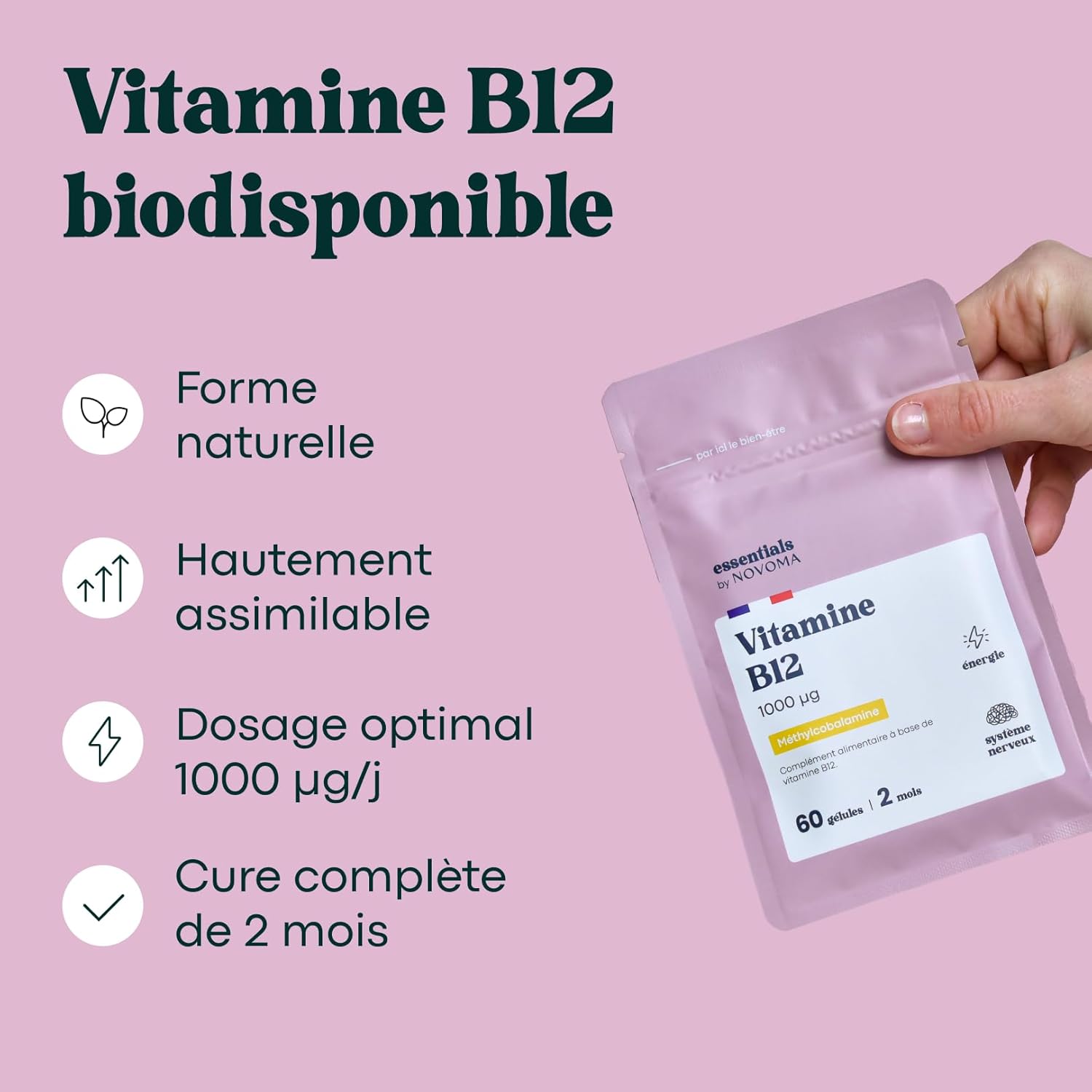 Thumbnail 2 de Vitamine B12 1000 µg Vegan Essentials by Novoma (cure 2 mois, méthylcobalamine) – 60 gélules